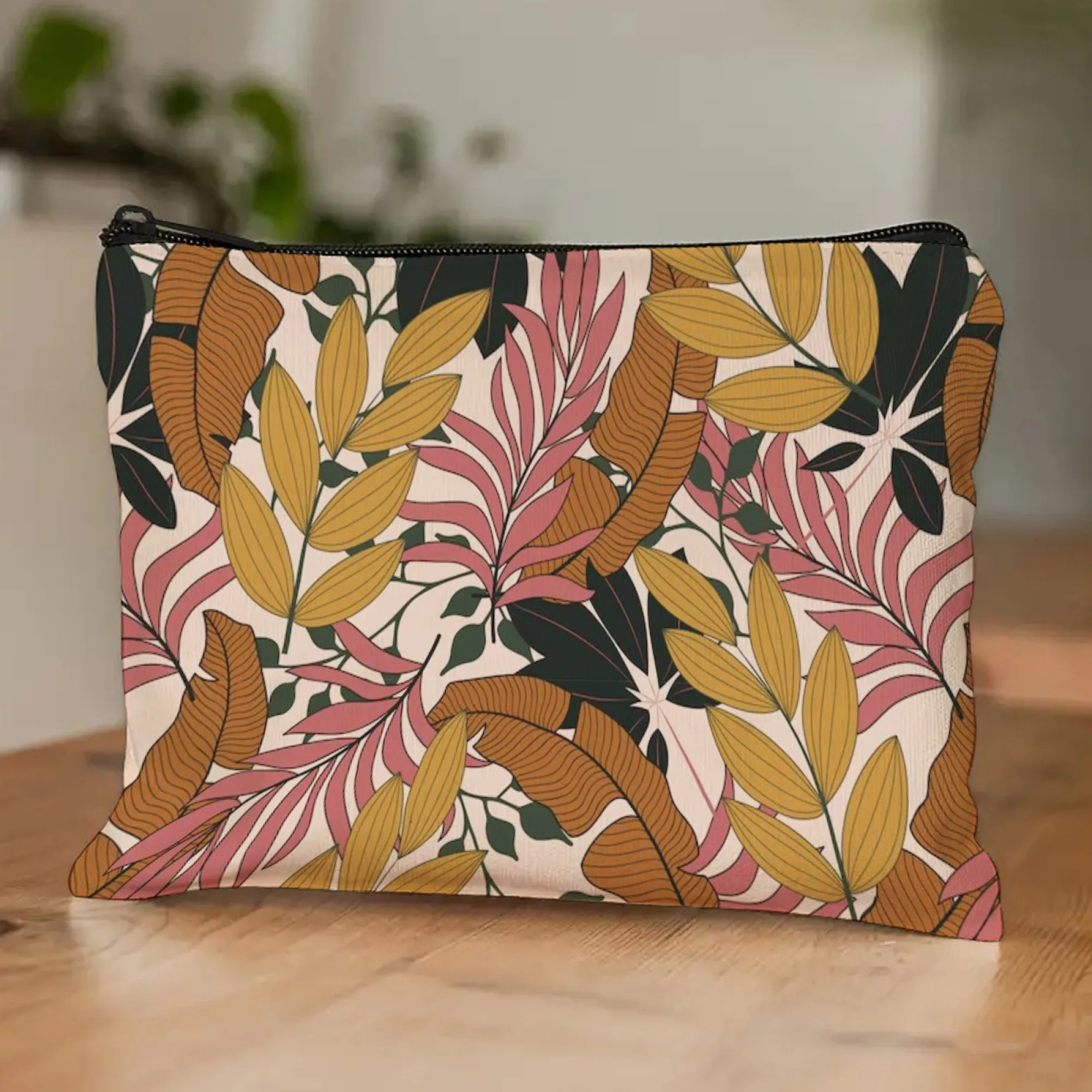 Bunte tropische Kosmetiktasche mit Blättern, leichter Canvas-Stoff für Reise-Toilettenartikel und Partys mit Dschungelmotiv, Erinnerungsgeschenk Image