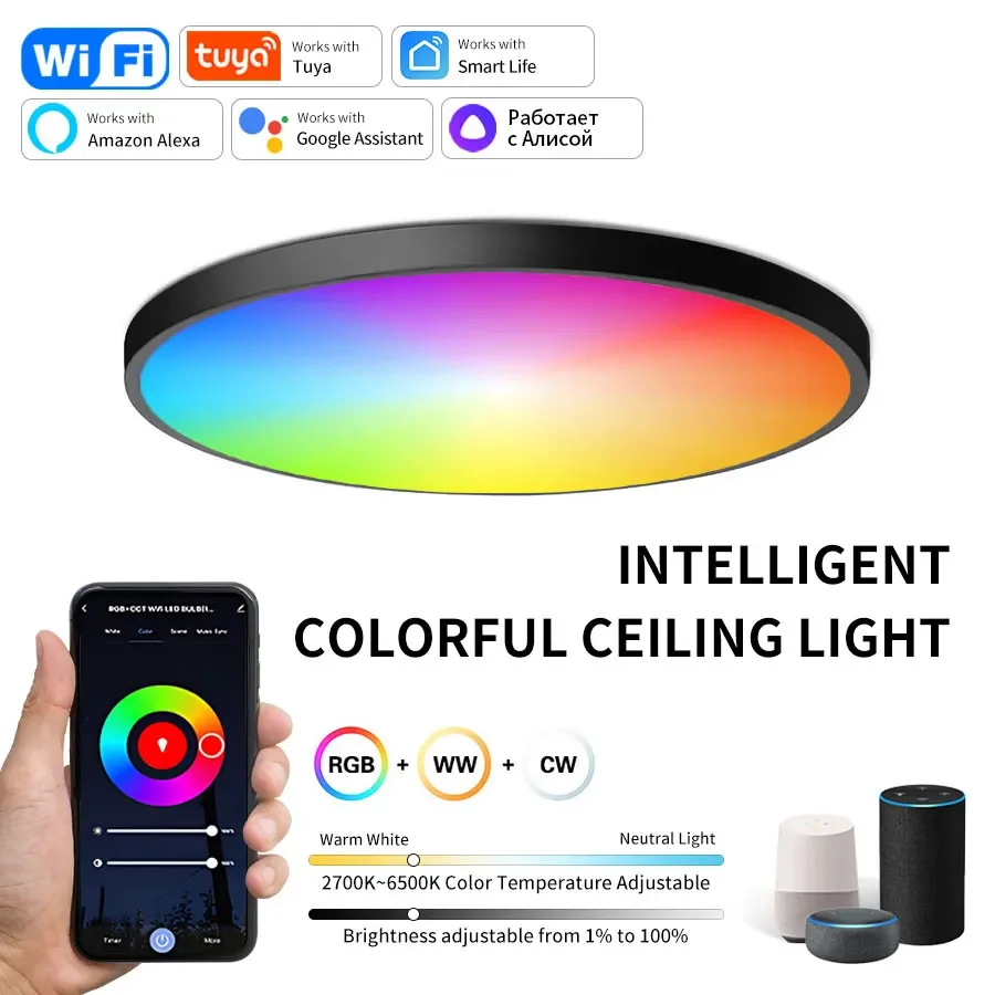 Tuya Smart WiFi LED Runde Decke Lampe 85-265V RGB + WW + CW Decke Lampe Arbeit mit Alexa Geogle Assistent Für Wohnzimmer Dekorieren