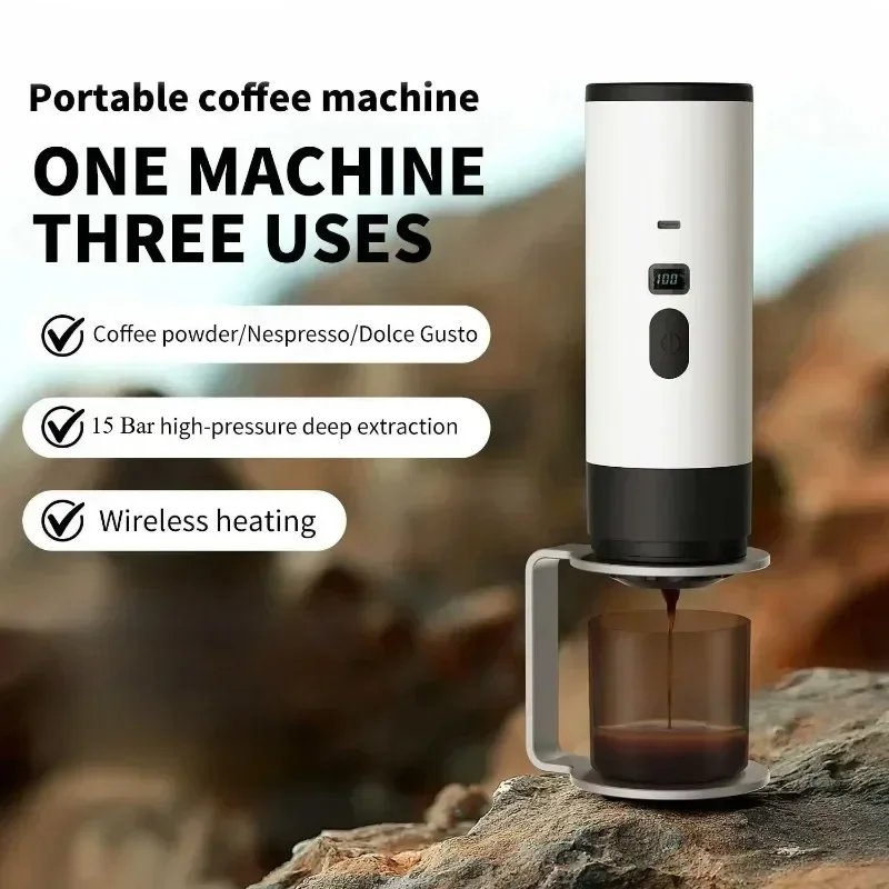 Tragbare elektrische Kaffeemaschine, 3-in-1-Kapsel-Kaffeemühle, Reise-Kaffeemaschine mit kabelloser Heizung für Auto und Heimcamping Image