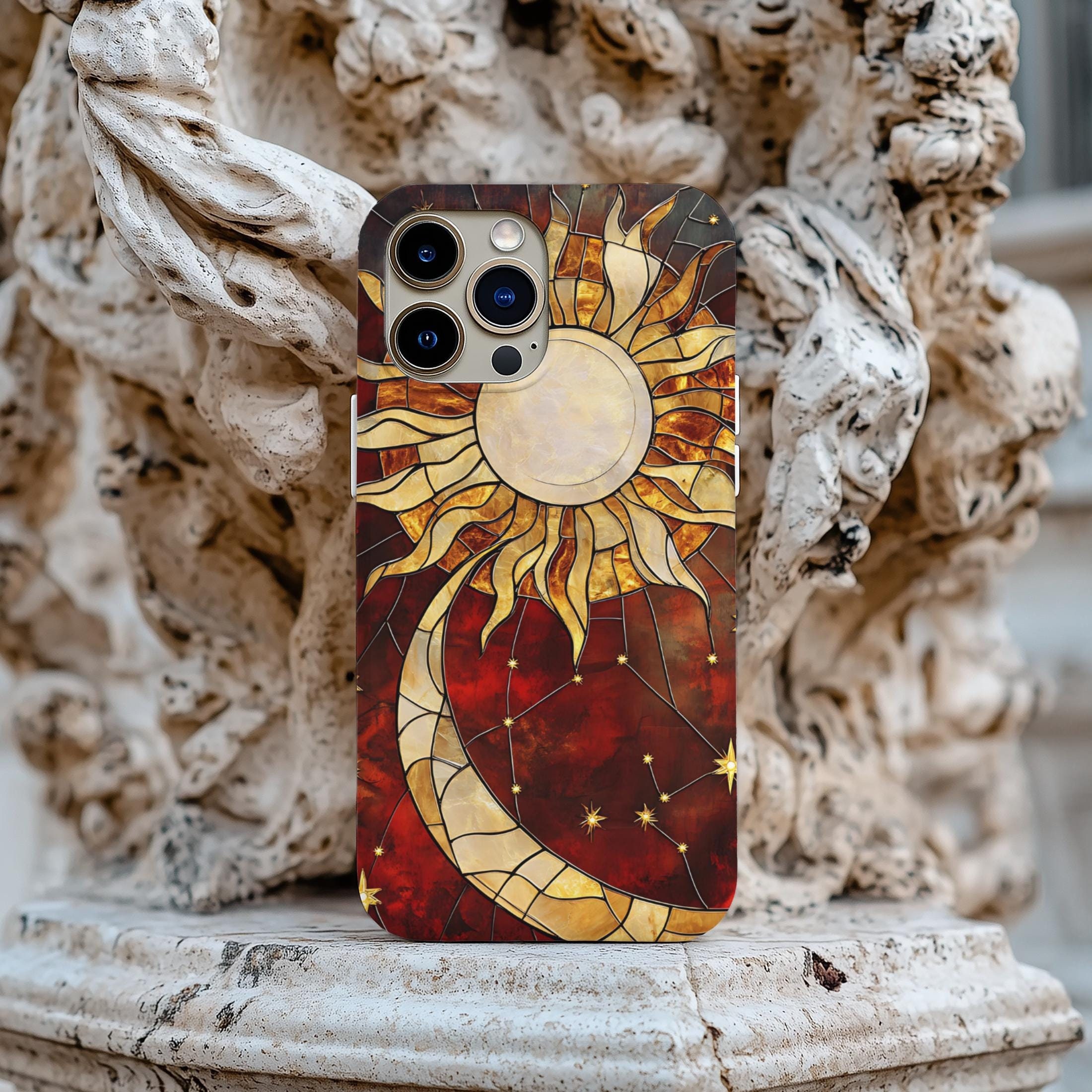 Custodia per telefono in finto vetro colorato con cielo stellato notturno, cover per telefono in vetro colorato 3D con luna e stelle celestiali, iPhon