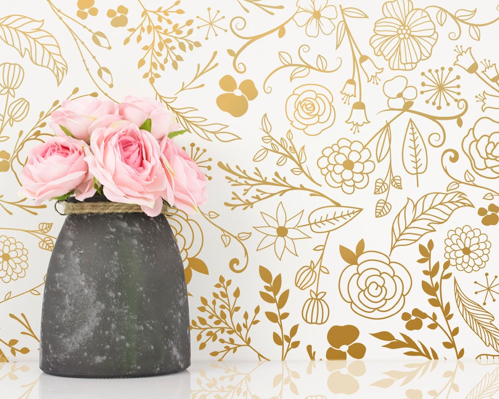 Adesivi murali botanici - Set di adesivi in vinile moderni, fiori in fiore, foglie, adesivi murali dorati, decorazioni per la cameretta dei bambini, g