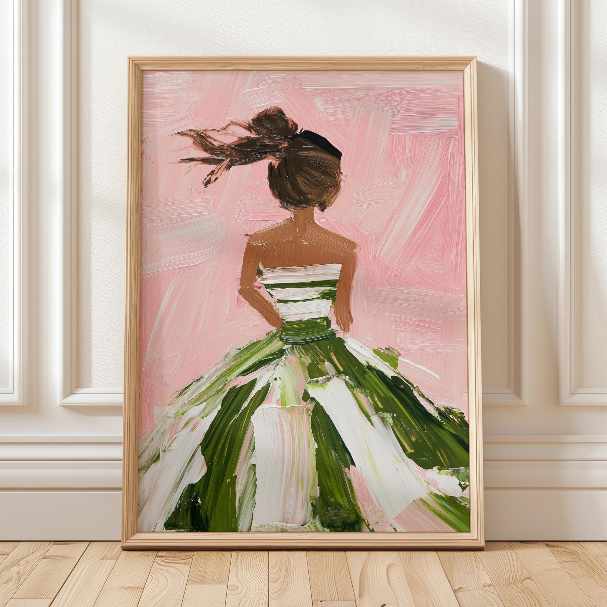 Stampa artistica di donna elegante, quadro da parete con abito rosa e verde, pittura moderna, stampa astratta femminile, arredamento moderno per la ca