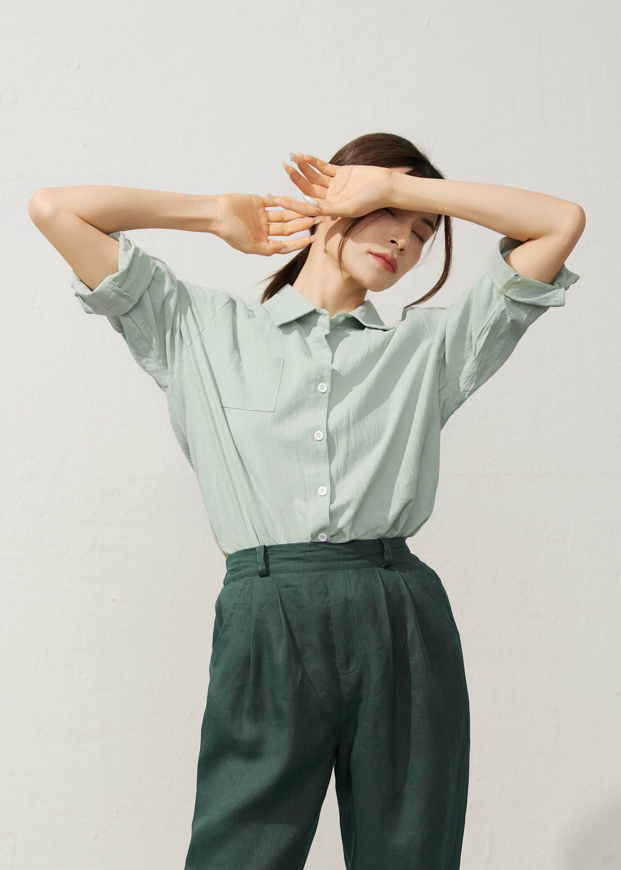 Camicia in lino verde, Camicia a maniche lunghe, Camicia casual in lino da donna, Camicia con bottoni, Camicia classica, Camicia primaverile, Camicia