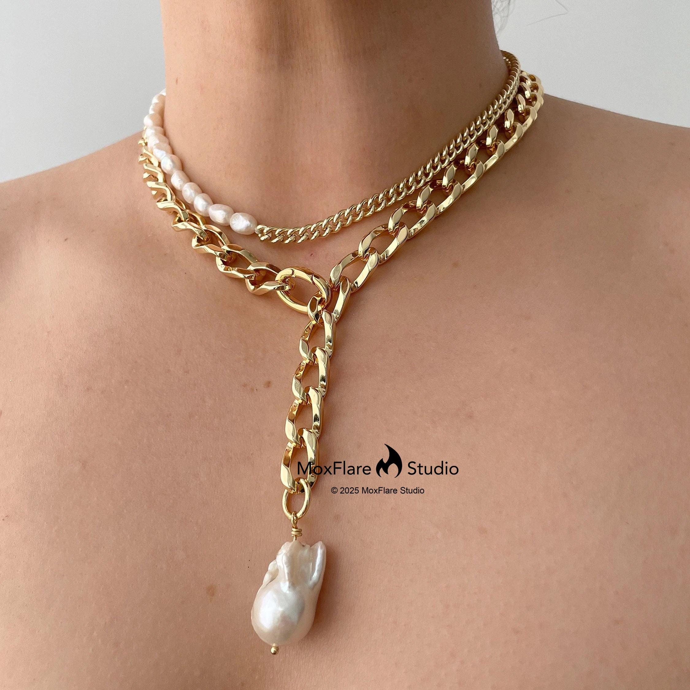 Collana a catena spessa, collana di perle, girocollo di perle, collana d'oro, catena d'oro, collana d'argento, collana vistosa, collana a catena gross
