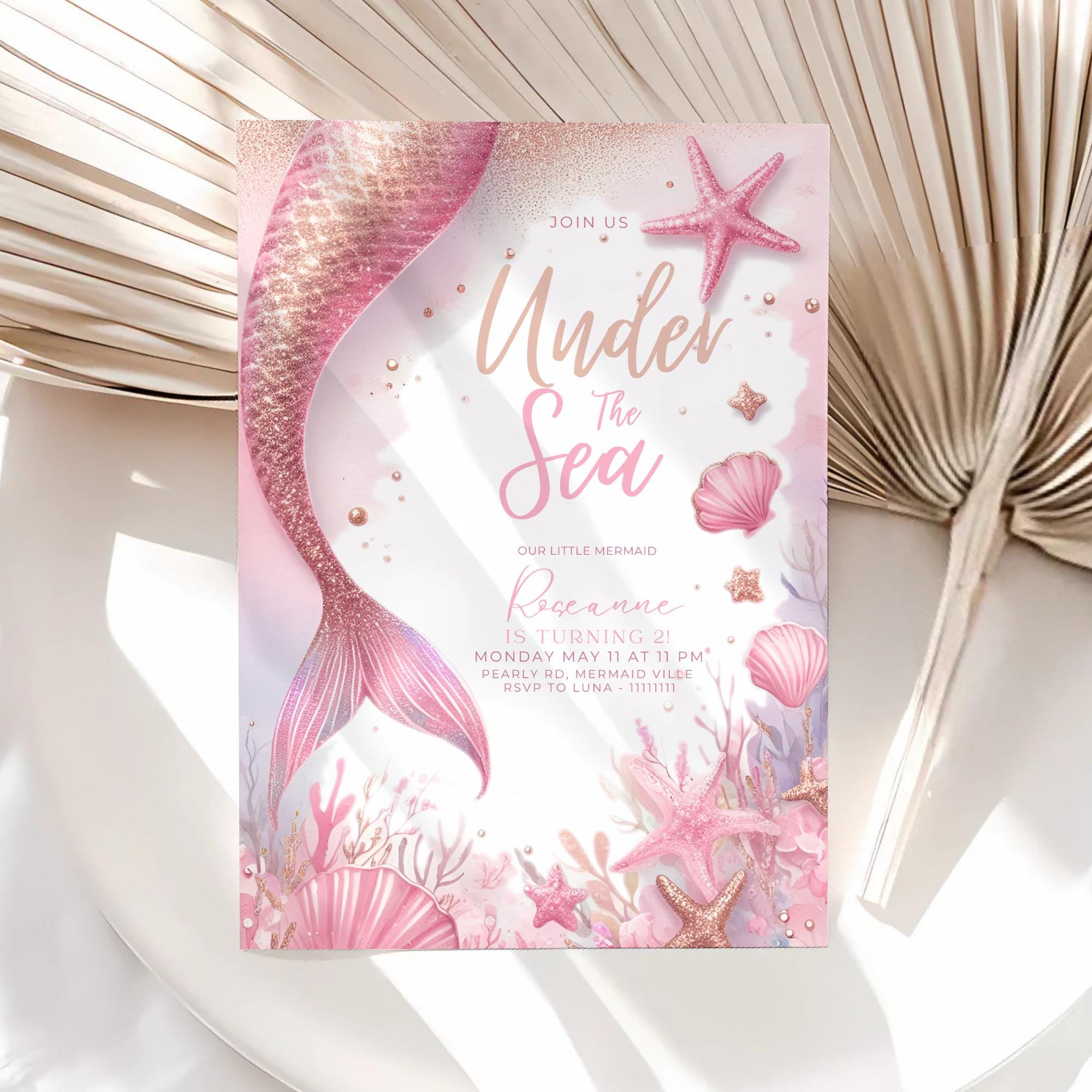 Invito di compleanno a forma di coda di sirena, invito di compleanno sotto il mare, invito di compleanno a forma di sirena rosa, invito per festa di c