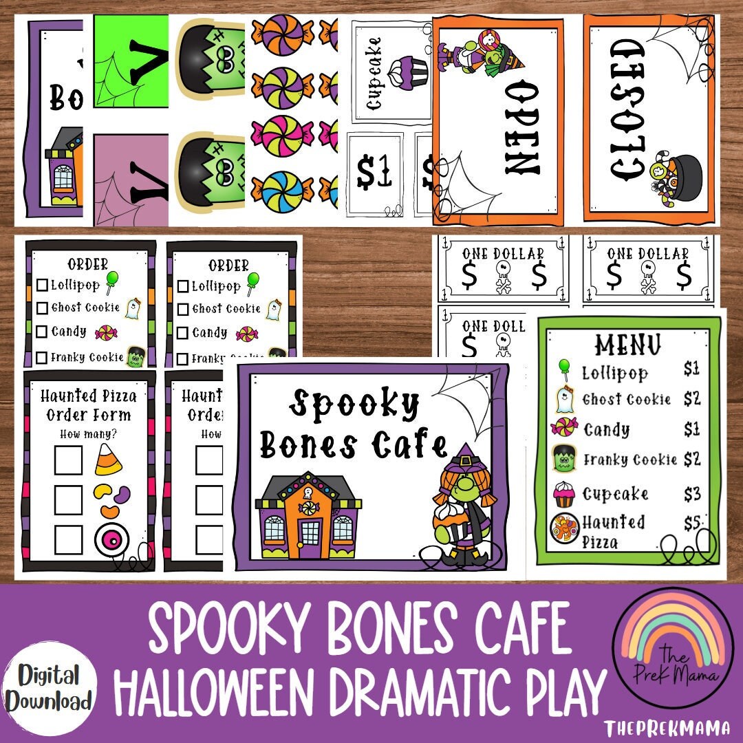 Spooky Bones Café, Gioco drammatico di Halloween, Gioco di finzione di Halloween, Gioco drammatico in classe, Gioco drammatico in casa, Sala giochi, R