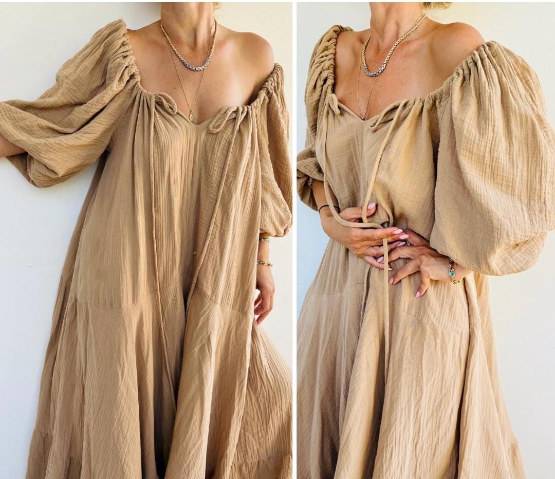 Abito Boho lungo, Abito con spalle scoperte, Abito di cotone, Abito lungo estivo, Abito, Abito Boho, Abito fluido, Abito Boho, Abito in mussola