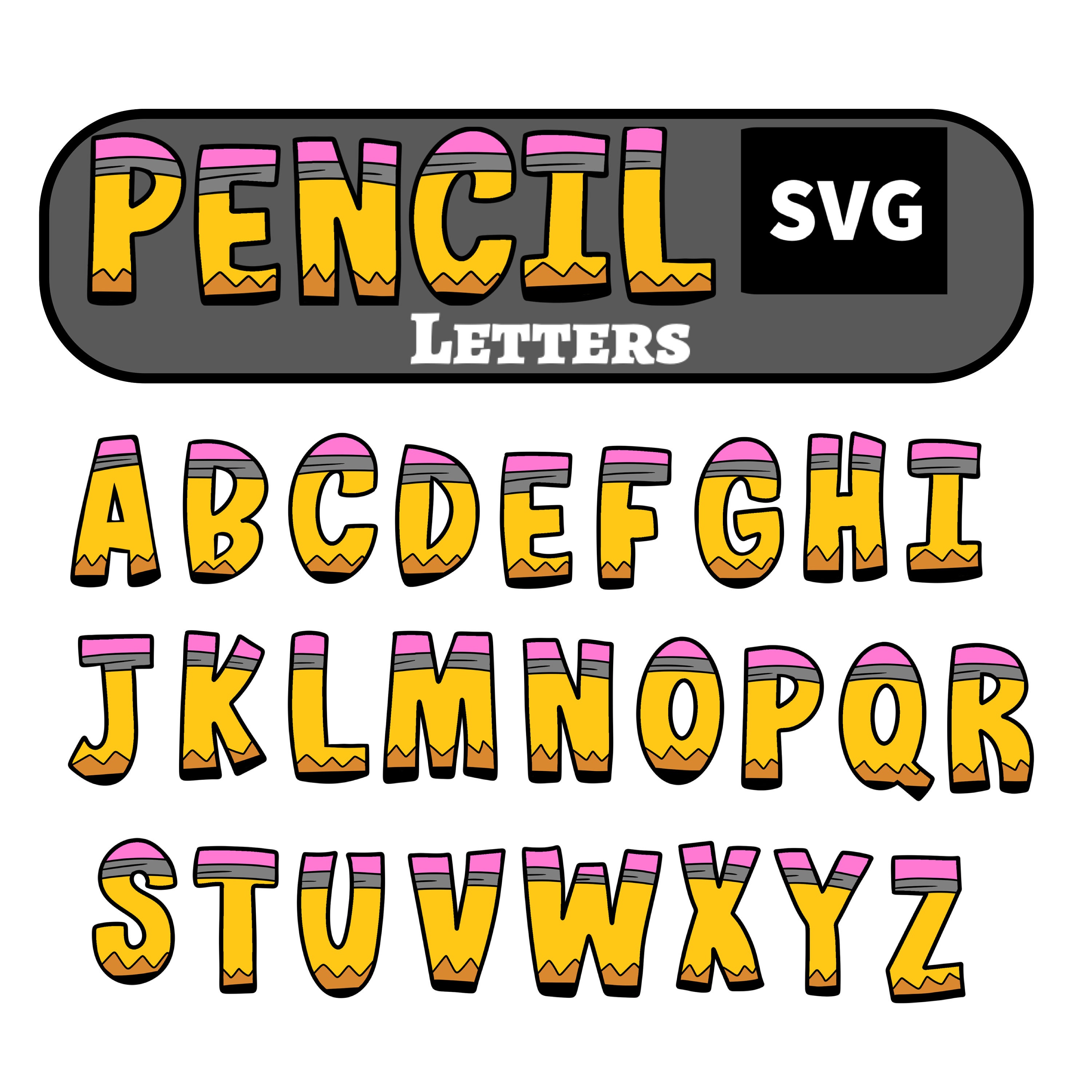 Matita Lettere Alfabeto SVG, Matita Lettere Maiuscole e Minuscole, Numeri Matita, Simboli Matita, Ritorno a Scuola, Forniture Scolastiche Lettere