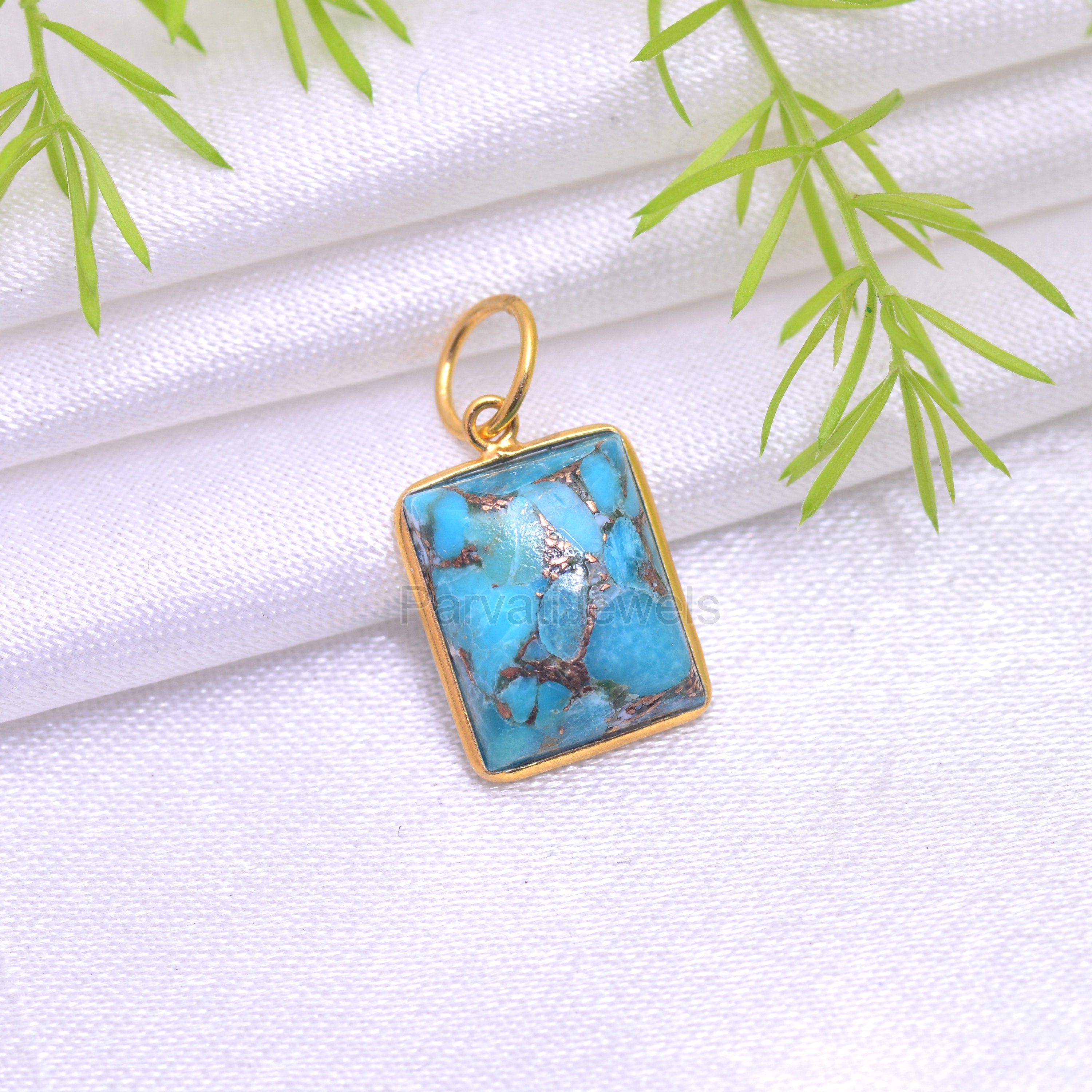 Ciondolo turchese blu rame naturale, ciondolo in oro massiccio 18 carati, ciondolo fatto a mano, ciondolo delicato in turchese rame, ciondolo con cion