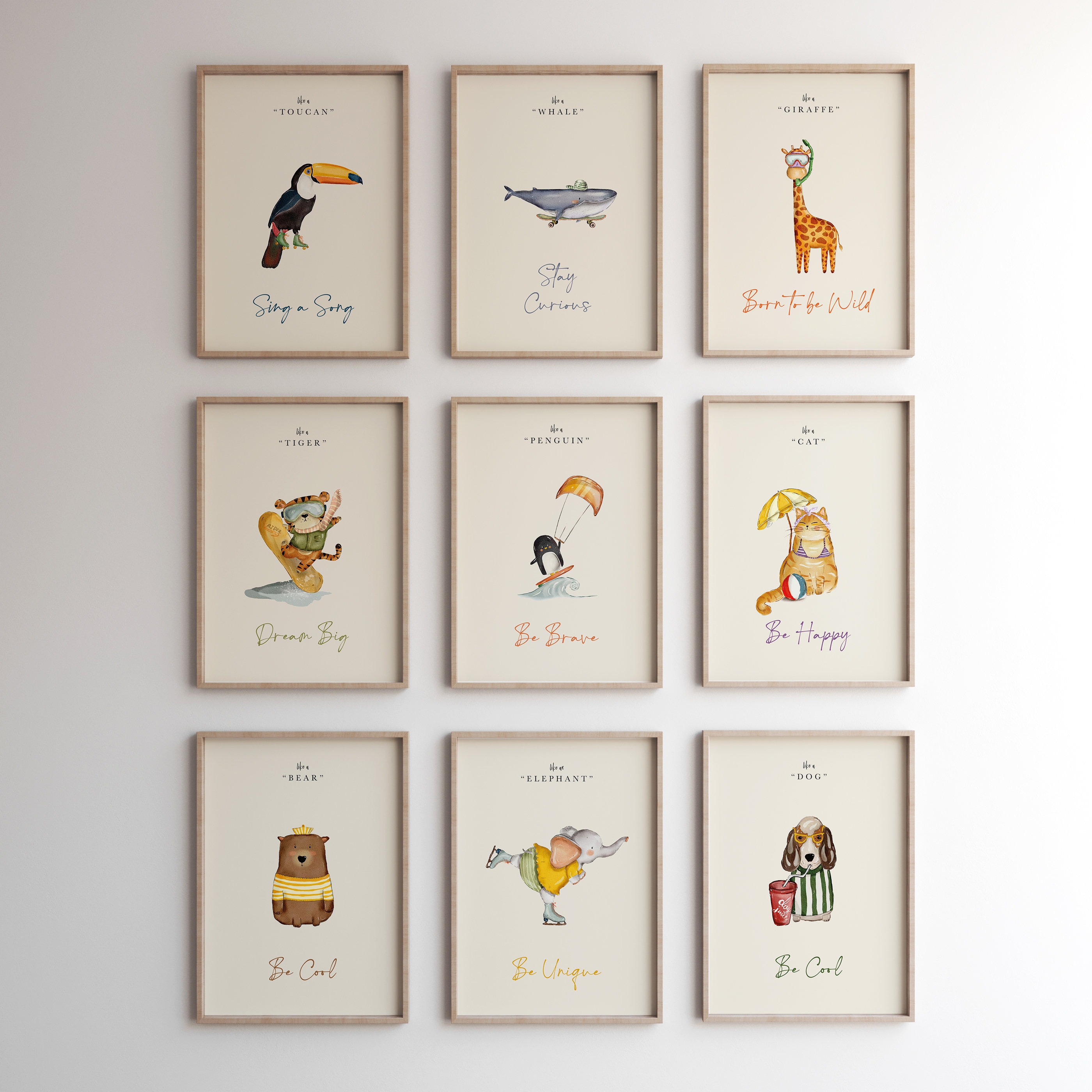Set di stampe di simpatici animali sportivi, 9 stampe artistiche stampabili per la cameretta dei bambini, decorazioni murali per la stanza dei bambini