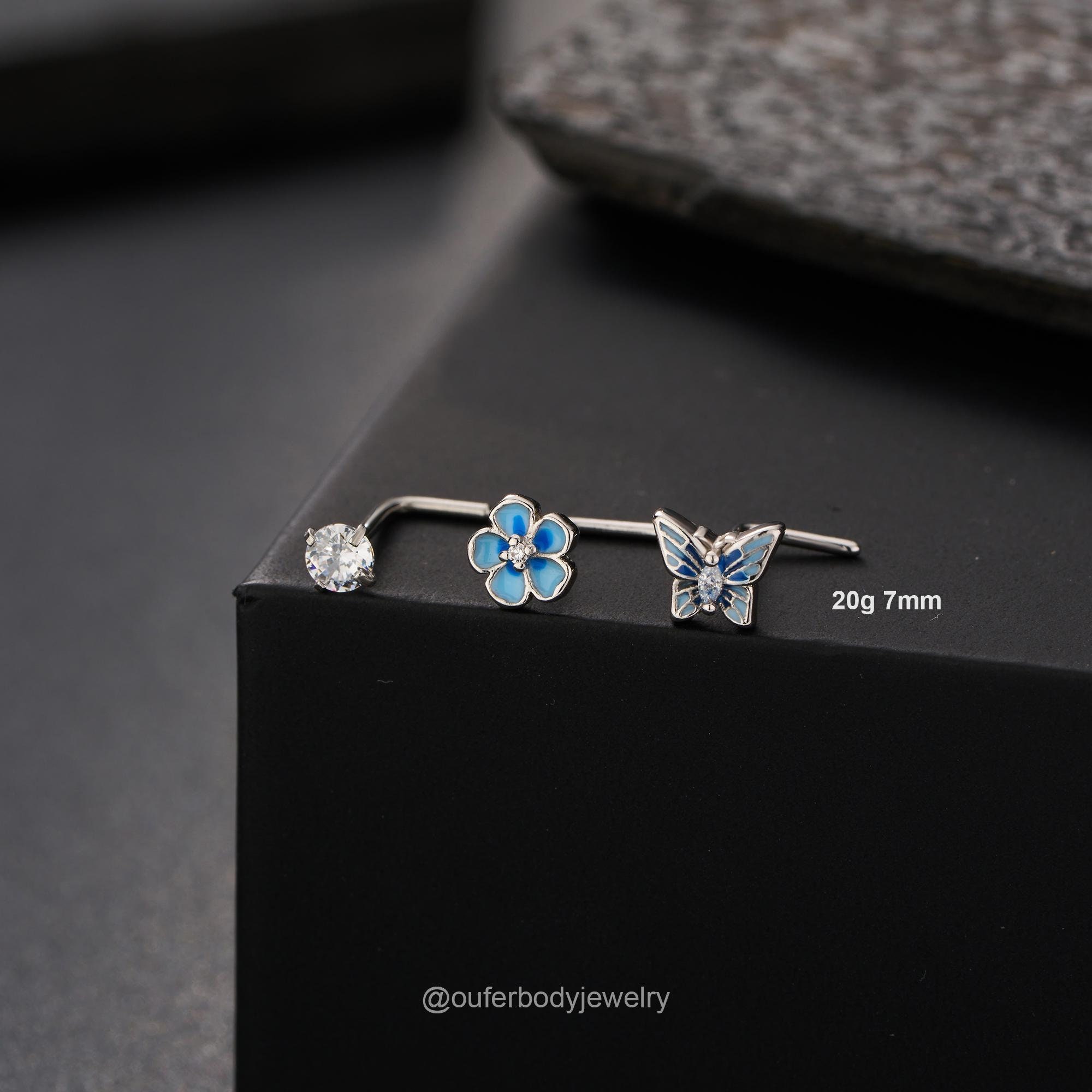 3 pezzi 20G farfalla fiore forma L piercing al naso/anello al naso/gioiello al naso/piercing al naso/gioiello per narice/piccoli piercing al naso in o