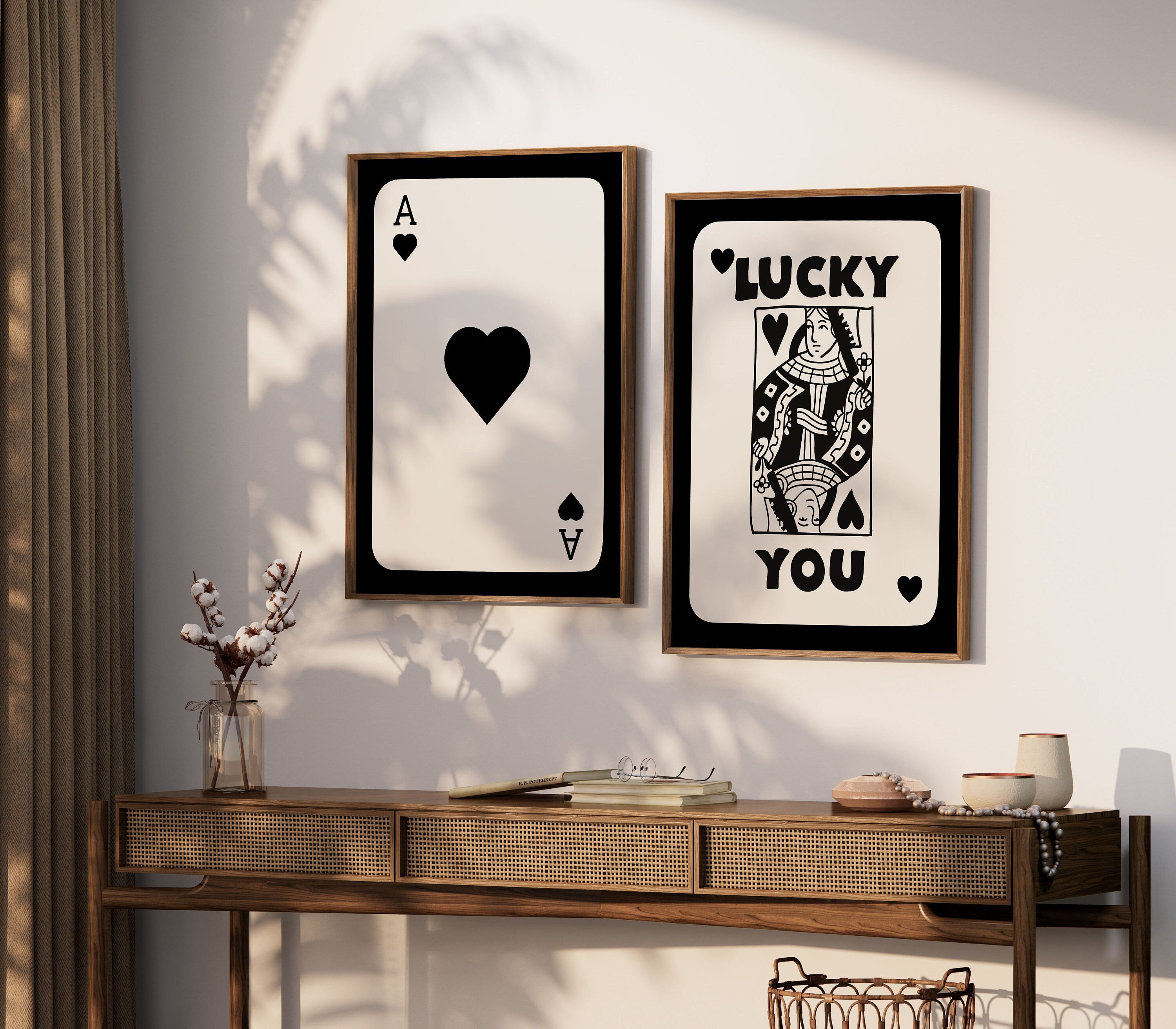 SET OF 2 Trendy Retro wall art, poster Lucky You, stampa estetica retrò, Black Ace Card Poster, Trendy Wall Art, Idea regalo di compleanno