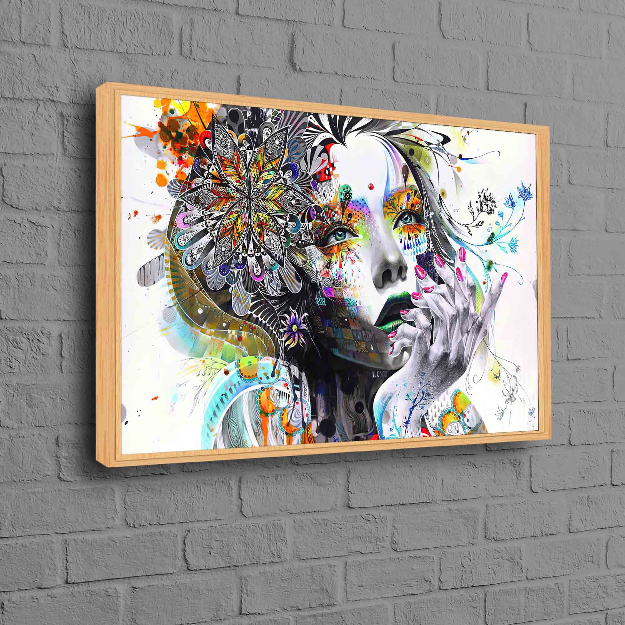 Tela artistica astratta con donna, decorazione murale colorata, decorazione murale con ritratto di donna, poster di donna, arte murale colorata con do