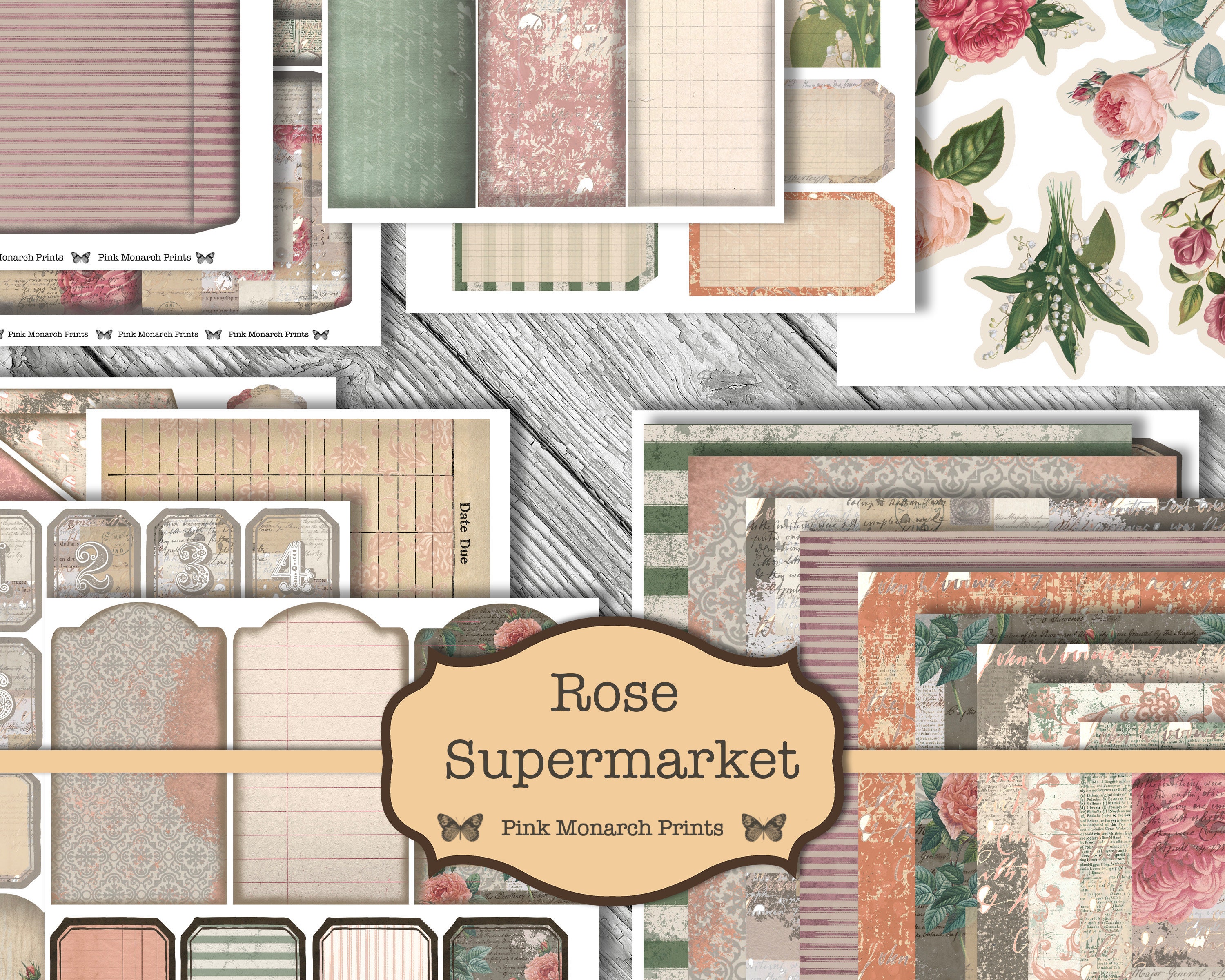 Set da supermercato Rose, kit per diario spazzatura stampabile, kit per diario spazzatura, carta digitale per diario spazzatura, diario spazzatura Sha