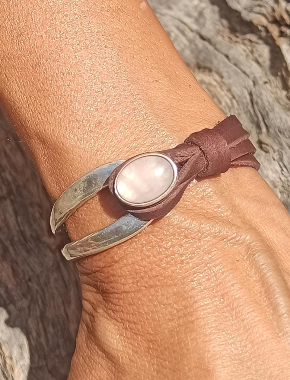 Bracciale in pelle per donna, bracciale in quarzo rosa, bracciale in argento, bracciale in argento, bracciale boho, bracciale da donna, bracciale in p