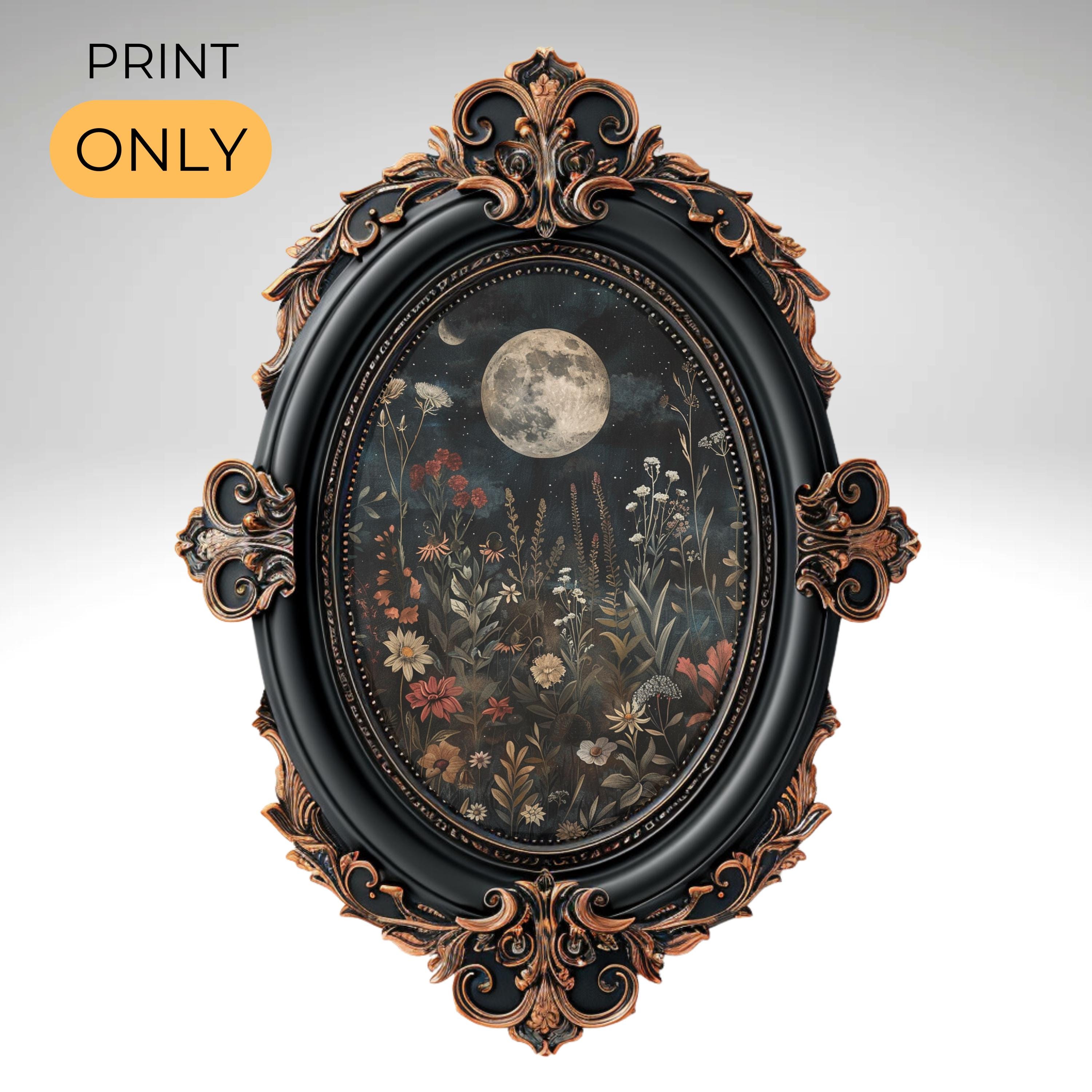 Stampa artistica ispirata a William Morris, decorazione botanica Dark Cottagecore con eclissi lunare, stampa poster Dark Academia, arte murale Moody,