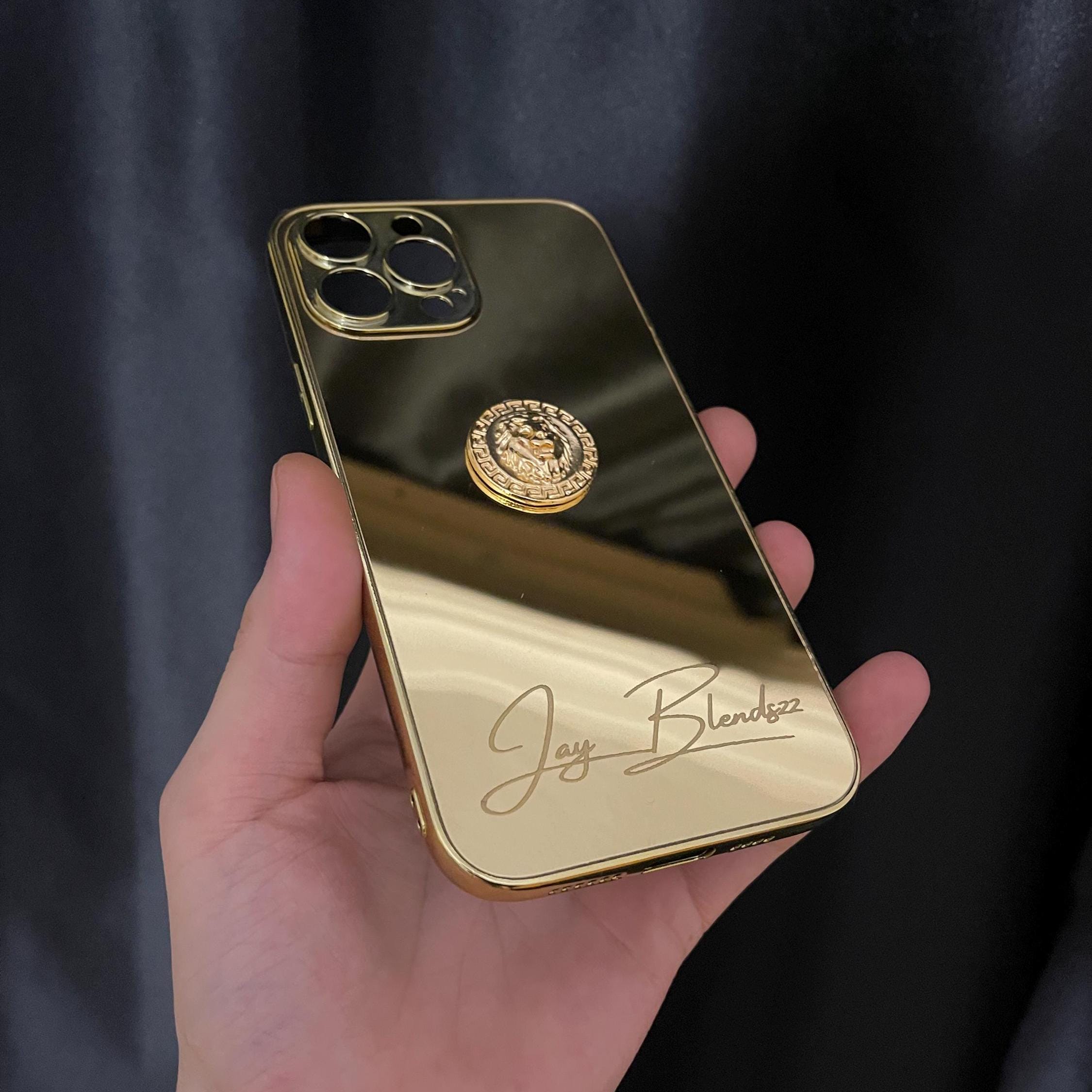 Custodia per iPhone personalizzabile con figura di leone in ottone placcato oro 3D / Custodia per iPhone con specchio dorato / Custodia per iPhone ser