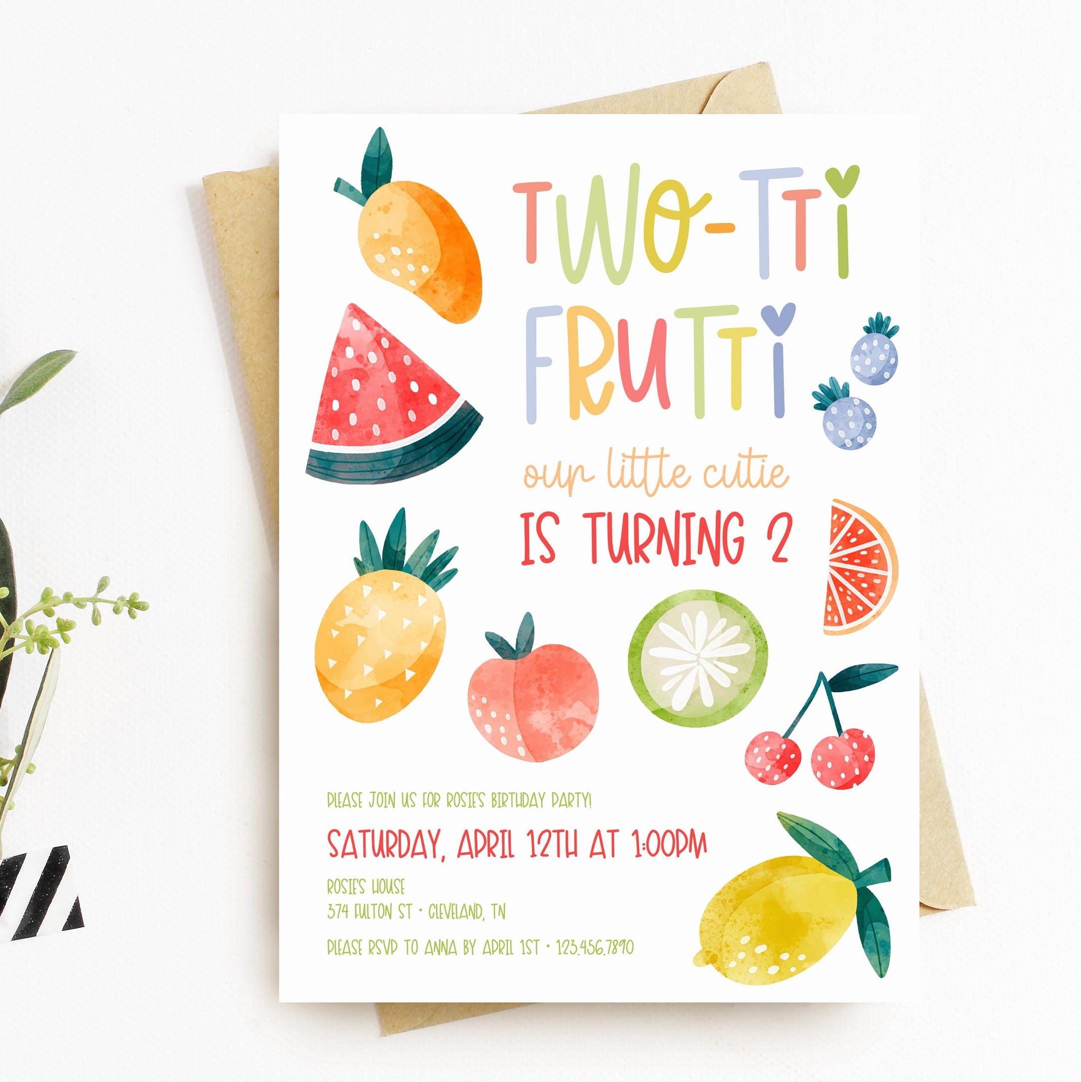 Modello di invito di compleanno Two-tti Frutti, invito per il secondo compleanno, invito stampabile, modificabile, download, 2, frutta ad acquerello,