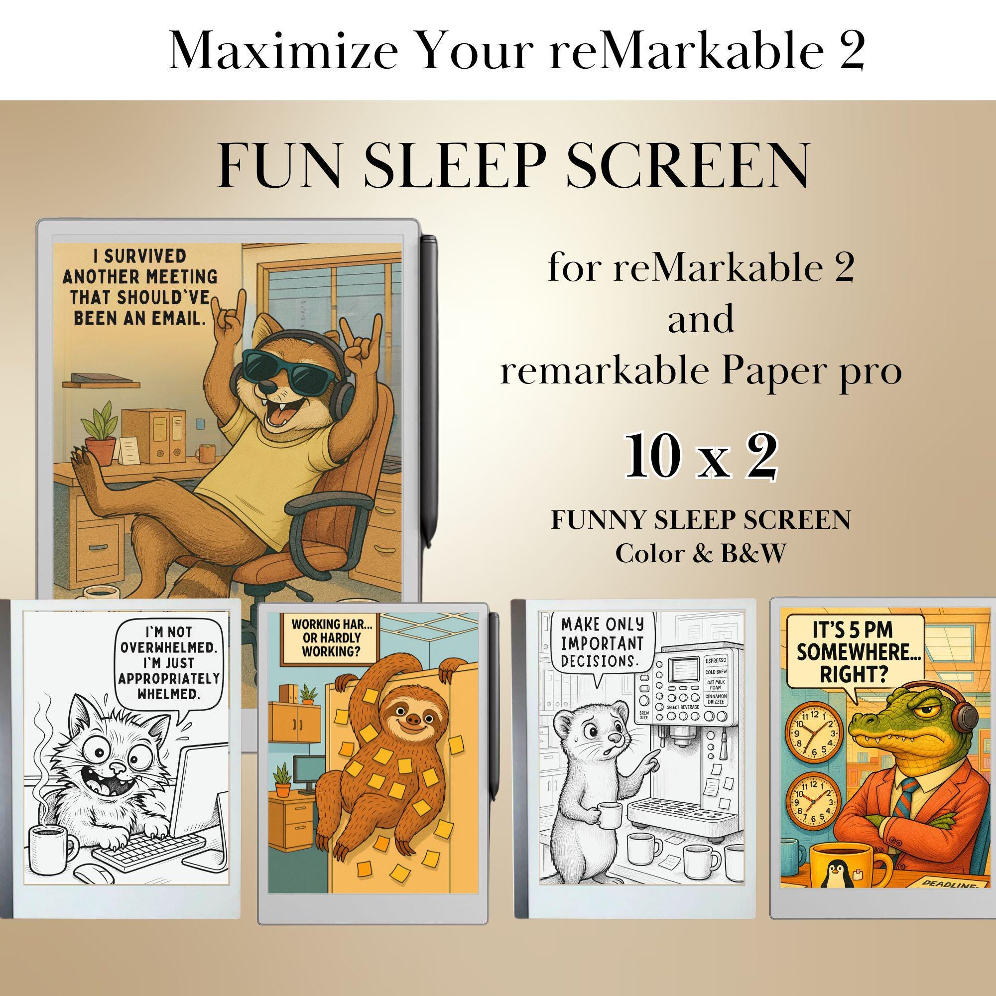 Pacchetto Fun Sleep Screen per reMarkable 2 e Paper Pro / Modelli Remarkable / Schermo digitale per dormire con tema divertente, versione BW e a color