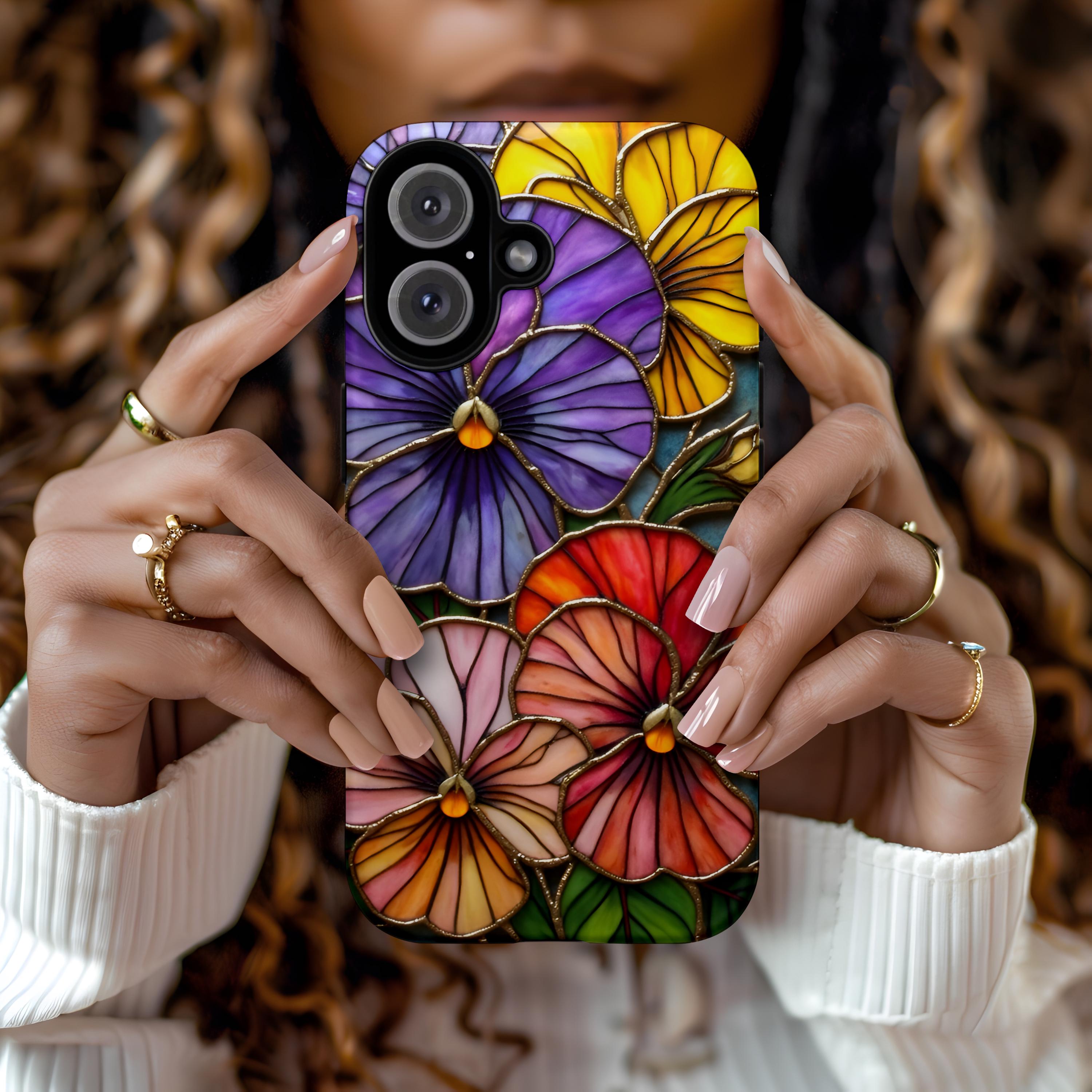 Custodia per iPhone con motivo floreale in stile vetrate colorate, custodie resistenti, cover per telefono con motivo viola del pensiero, estetica in