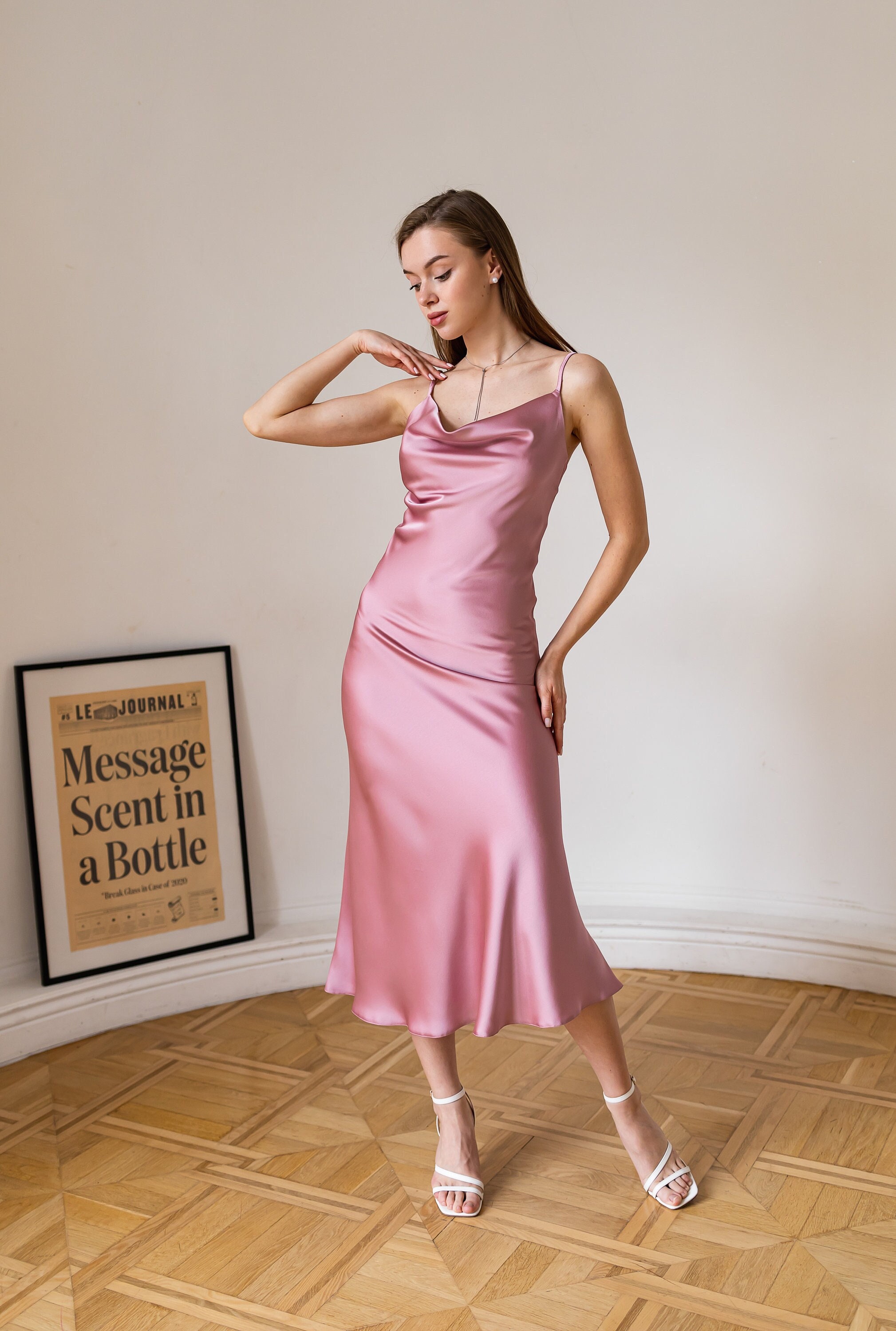 Abito in raso, abito sottoveste formale rosa, abito in raso rosa, abito da damigella in raso, abito con scollo a cappuccio, abito sottoveste, abito da