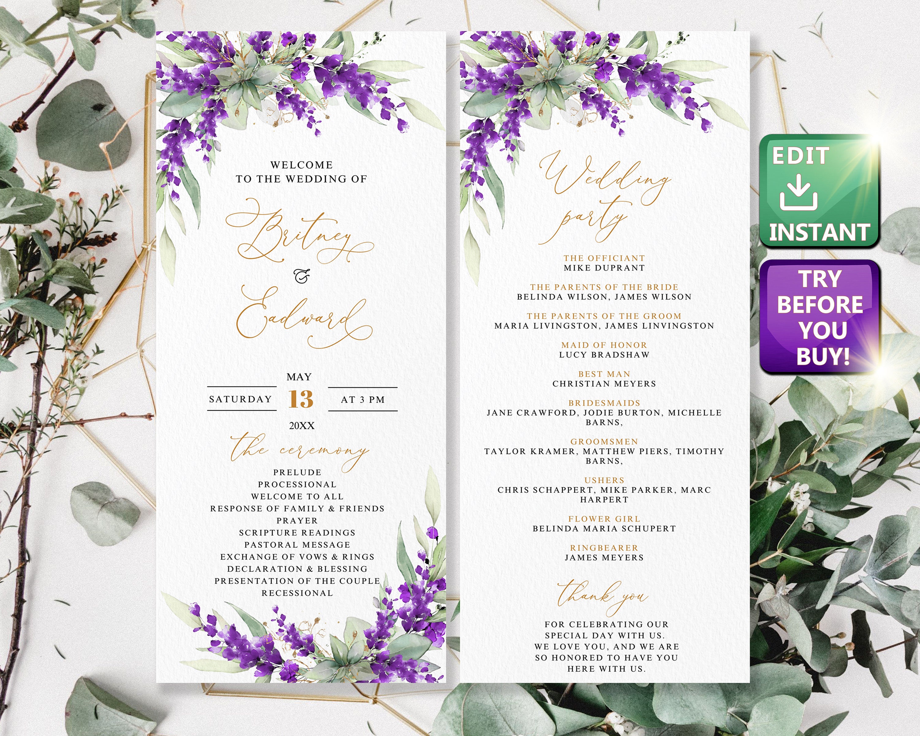 Programma di nozze Lavanda, Programma di nozze Oro, Programma di nozze Viola, Programma di nozze Stampabile, Ordine degli eventi Testo modificabile W0