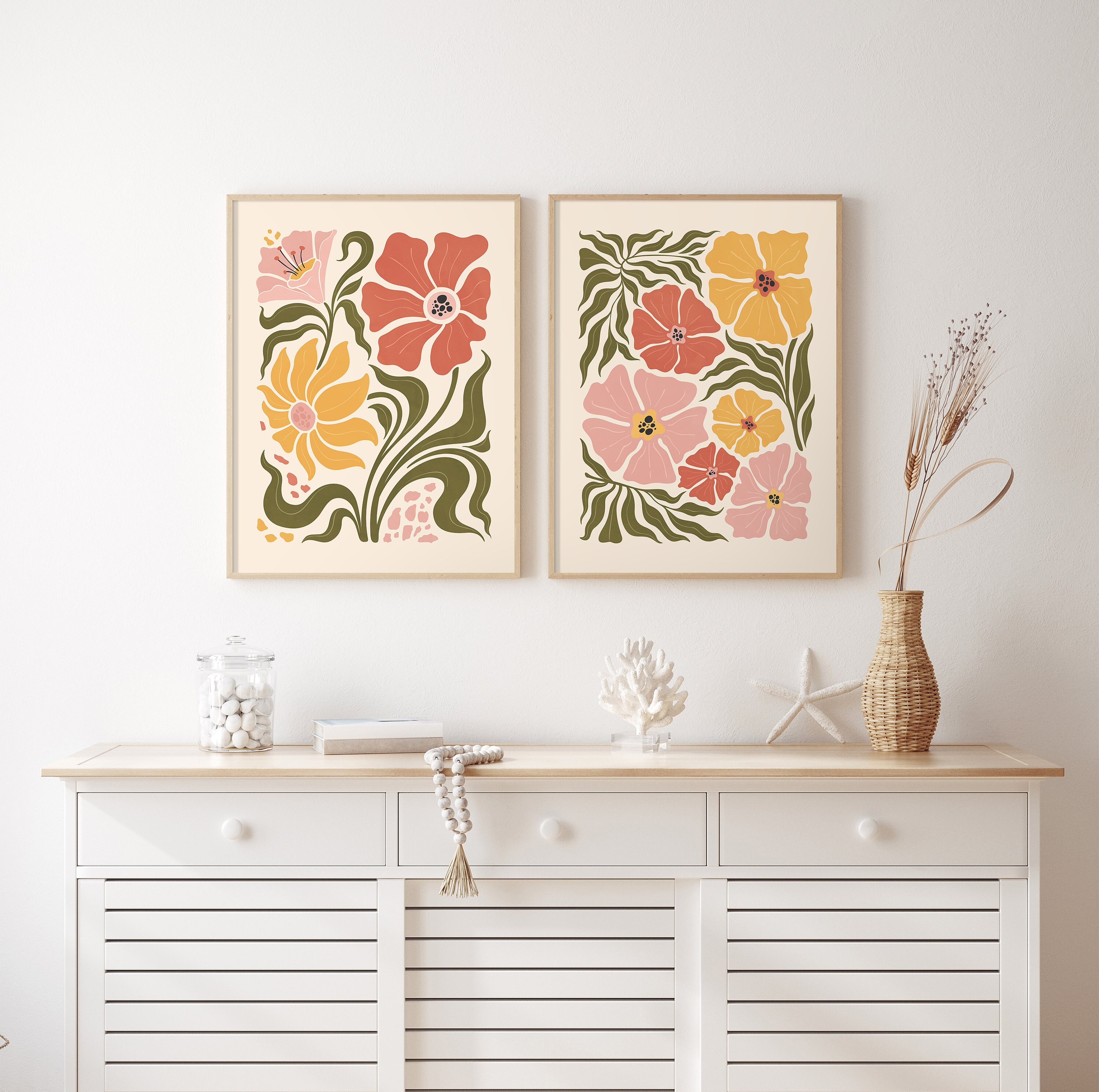 Set di 2 stampe di fiori astratti boho, stampe in terracotta, stampe da parete floreali, stampe d'arte vintage, stampe d'arte boho, poster del mercato