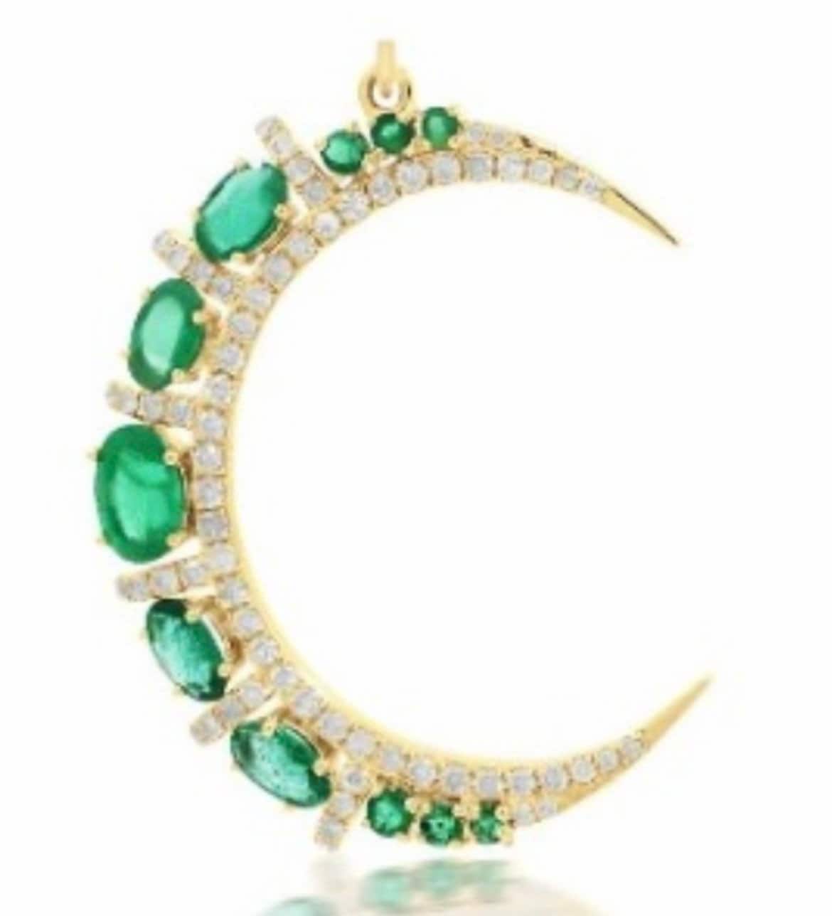 Ciondolo in oro 14 carati, ciondolo con smeraldo 14 carati, ciondolo con mezzaluna di diamanti, ciondolo con pietra preziosa 14 carati, ciondolo con d