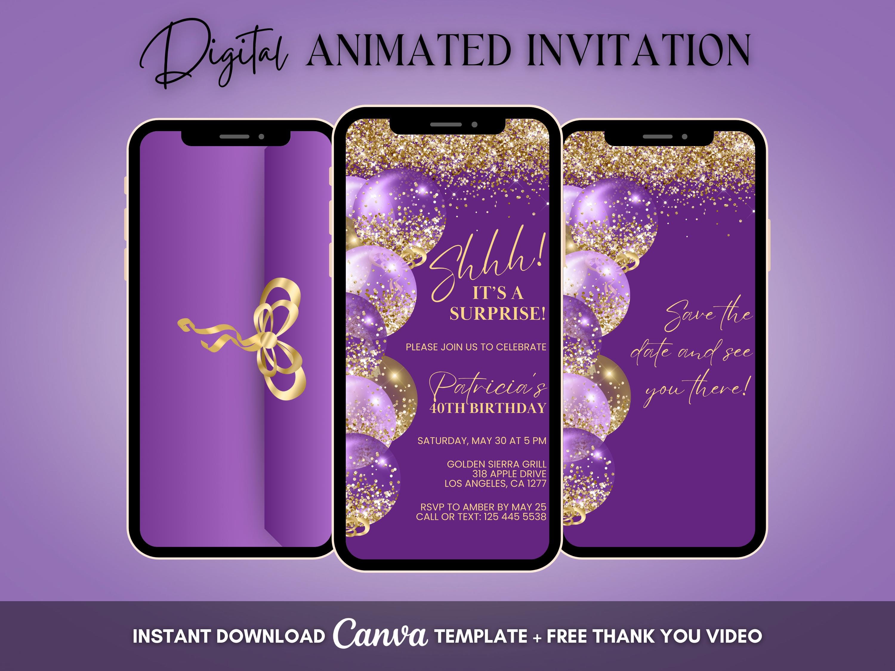 Invito a una festa a sorpresa, invito animato a sorpresa viola e oro, invito video a sorpresa per un compleanno, invito video a sorpresa Shhh