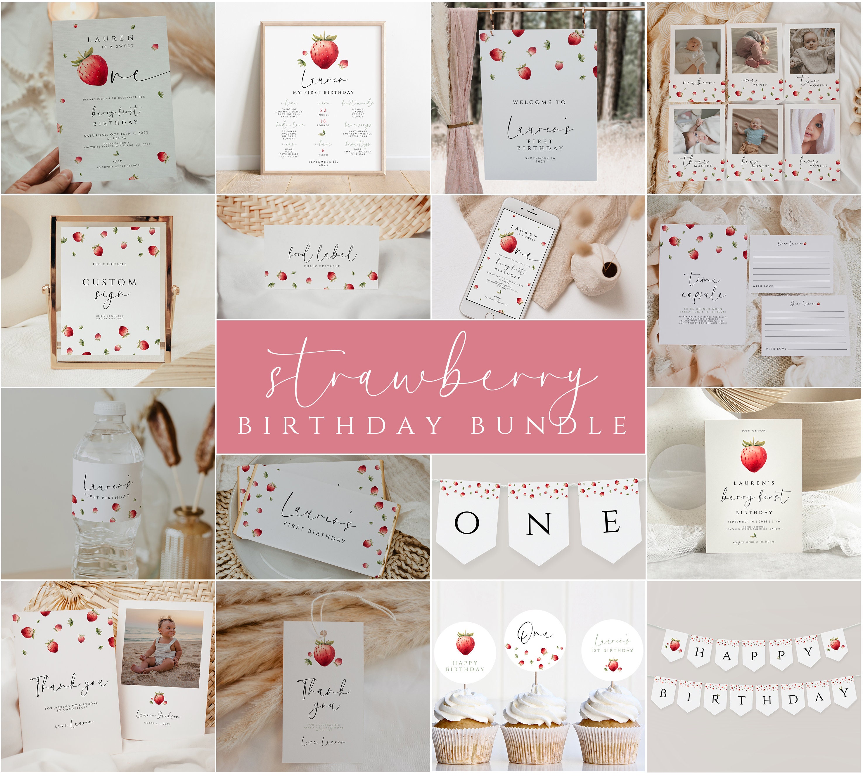 Pacchetto di inviti per il primo compleanno a tema bacche, modello stampabile per inviti per il primo compleanno a tema fragole, decorazioni dolci per