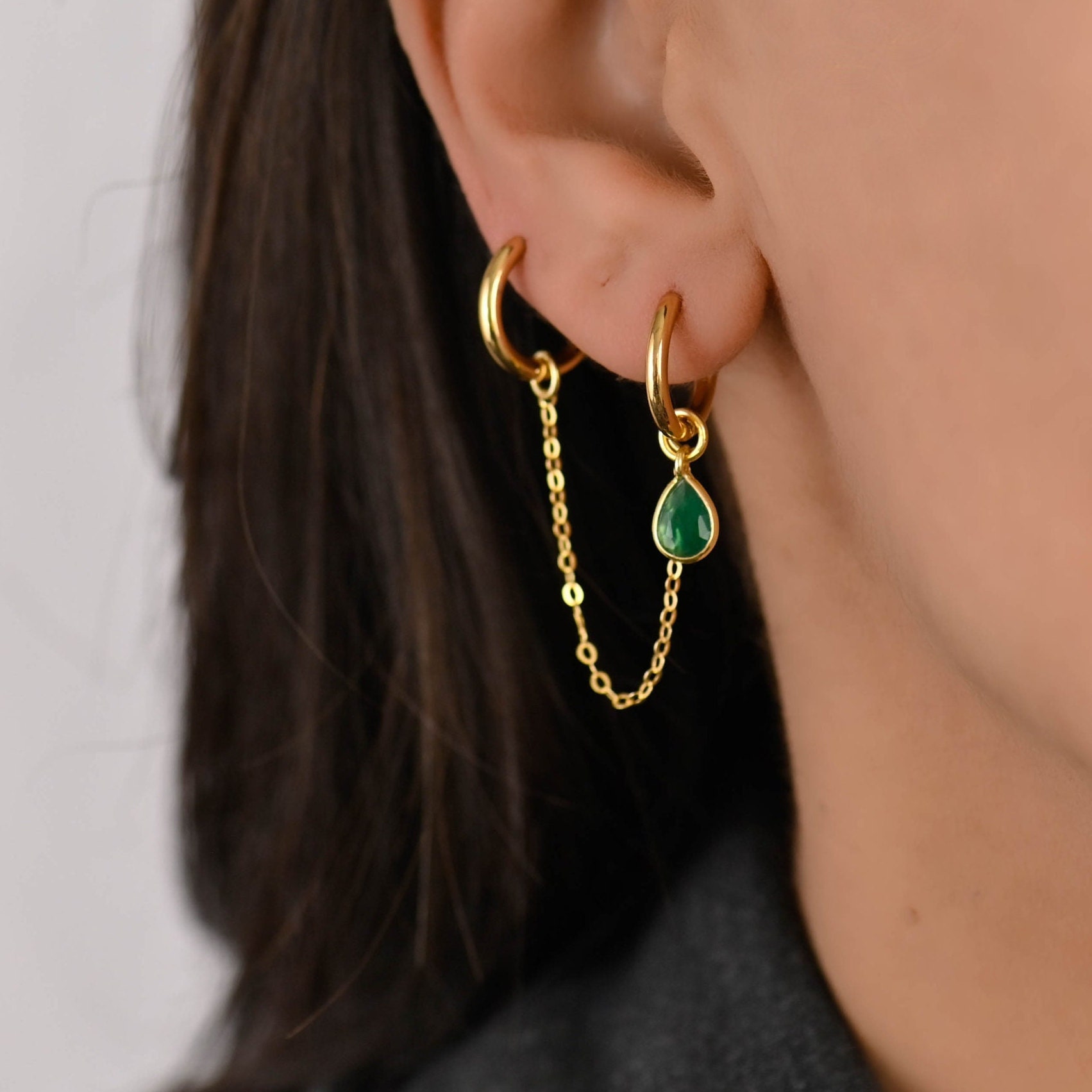 Set di orecchini a cerchio con catena in oro a doppio piercing, orecchini a cerchio con catena, ciondoli per orecchini a cerchio con catena, catena pi