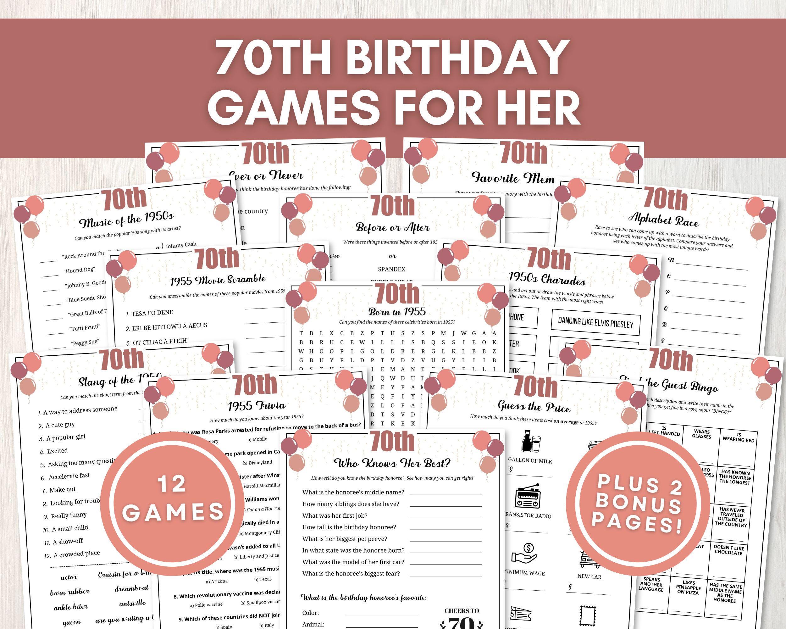 Giochi per il 70o compleanno per lei, donne per il 70o compleanno, giochi a quiz nati nel 1955, idee per il 70o compleanno, idee per il 70o compleanno
