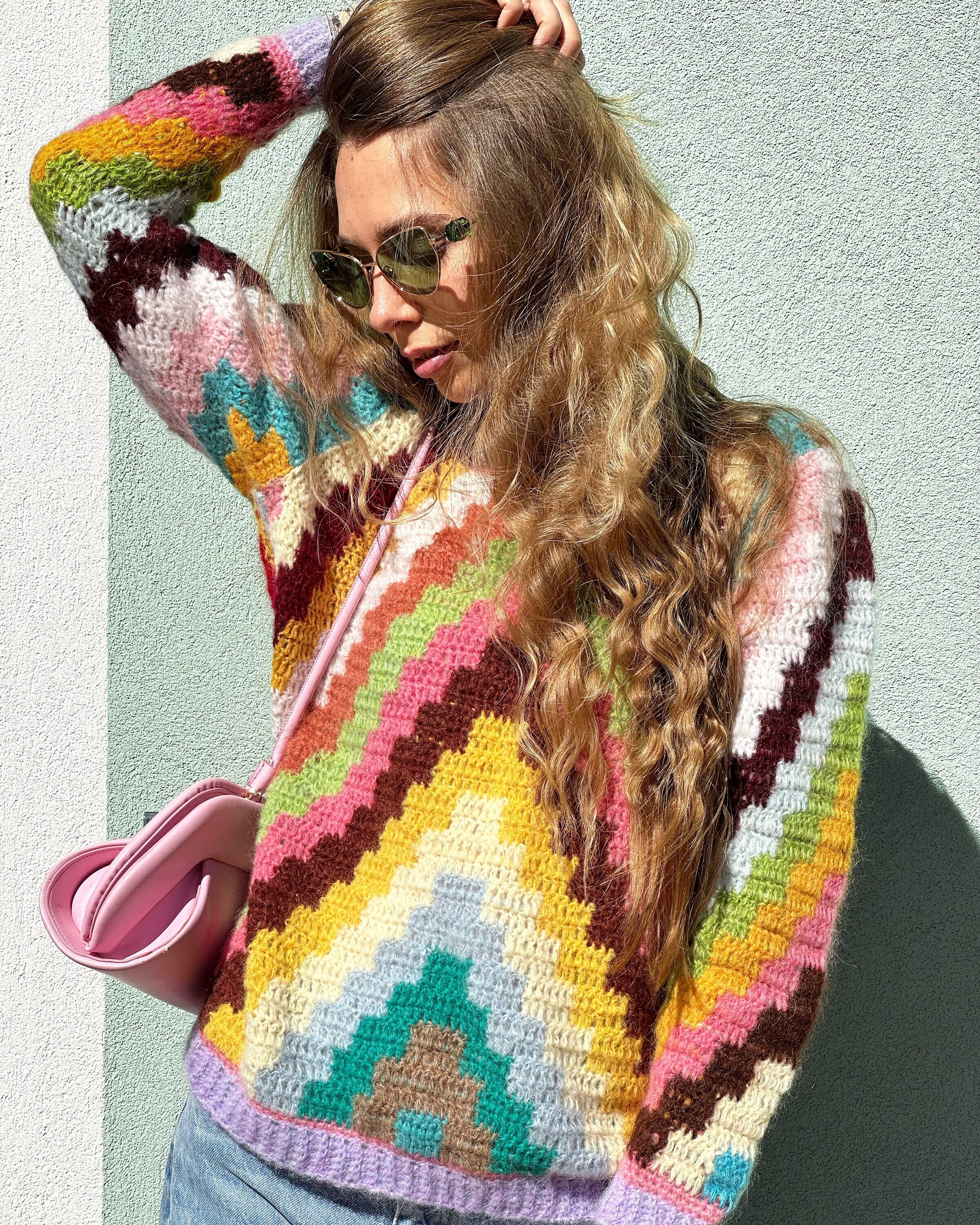 Maglione autunnale multicolore in mohair Maglione geometrico arcobaleno da donna Maglione colorato unico Maglione elegante lavorato a mano Maglione ca