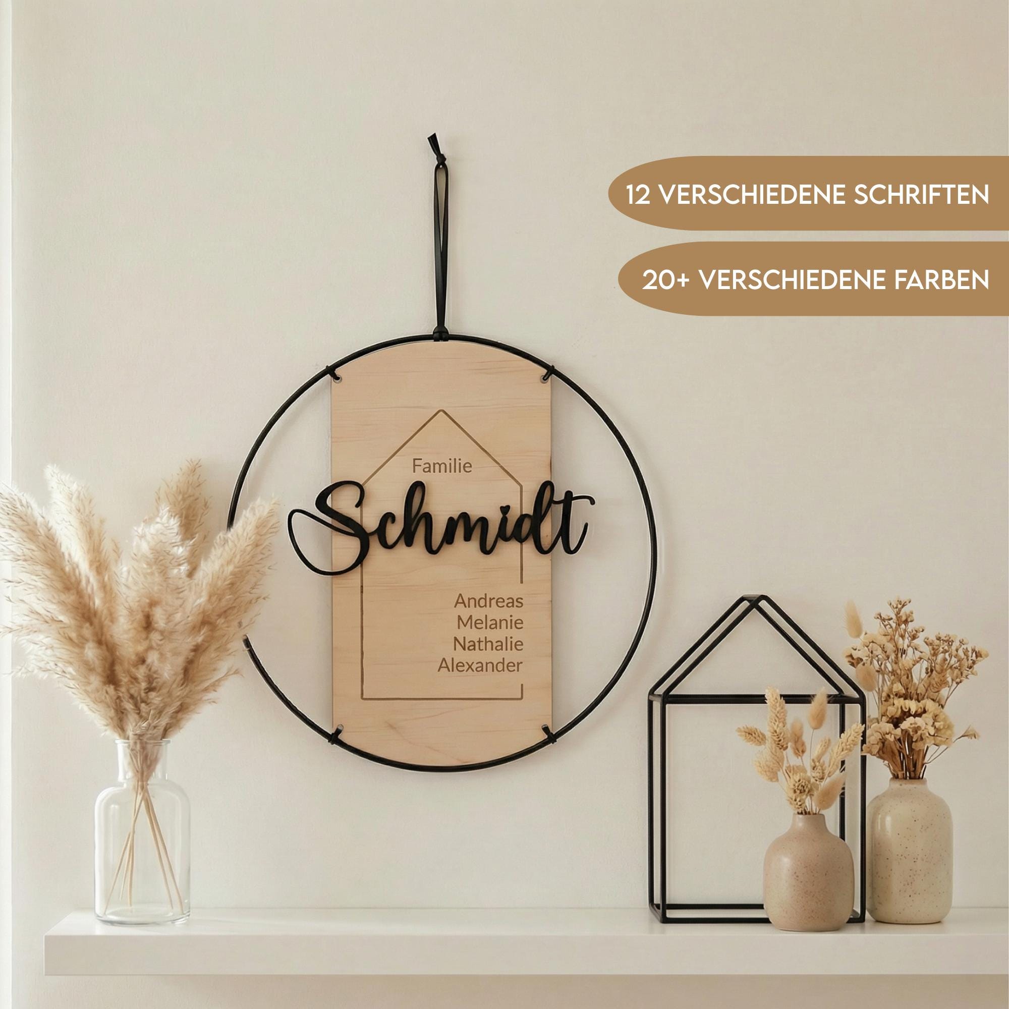 Ghirlanda di famiglia personalizzata - Anello in legno e metallo | Targa per porta con cognome ed effetto 3D | Decorazione murale per inaugurazione ca