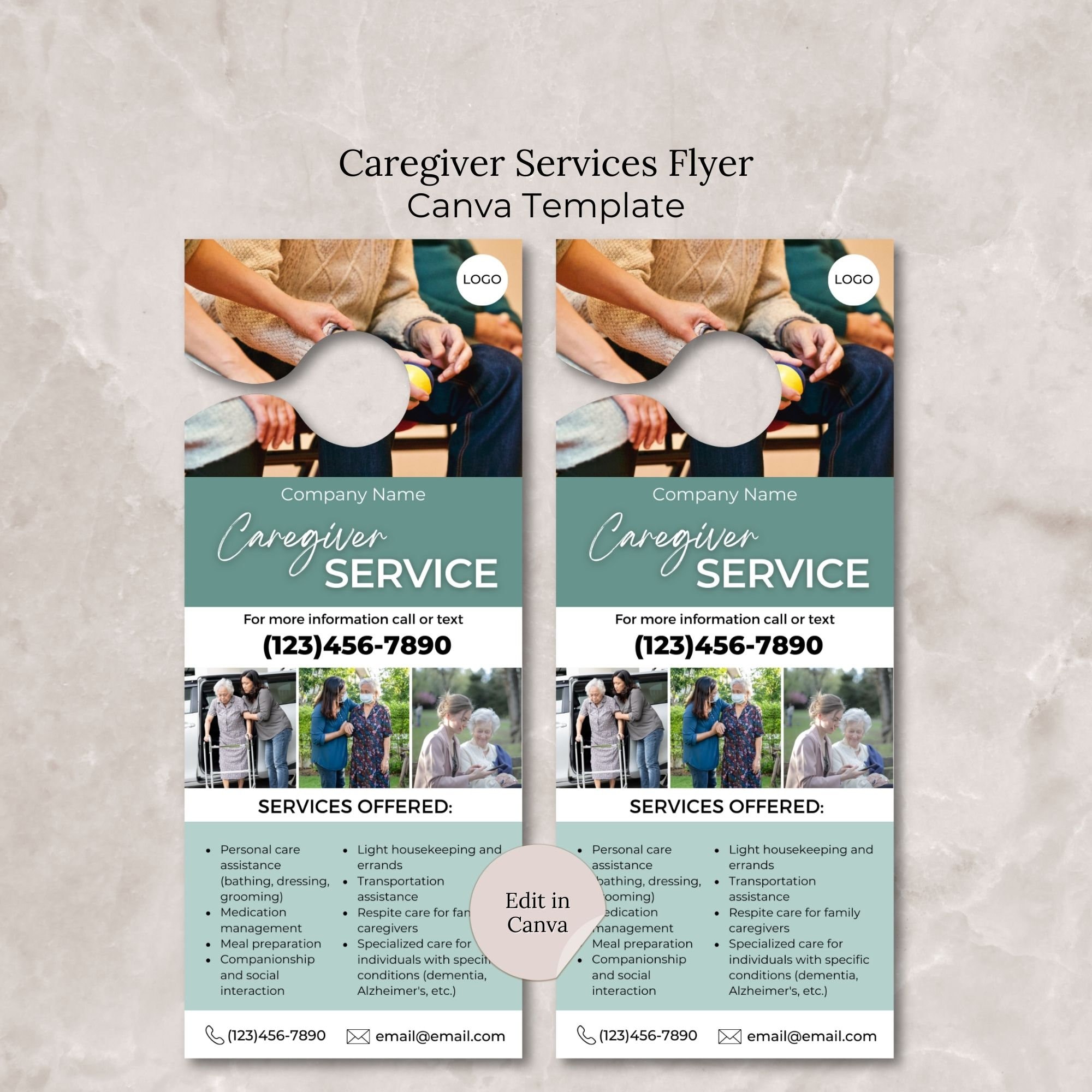 Modello di volantino per servizi di assistenza da appendere alla porta Canva, modello di assistenza agli anziani, modello di volantino modificabile pe