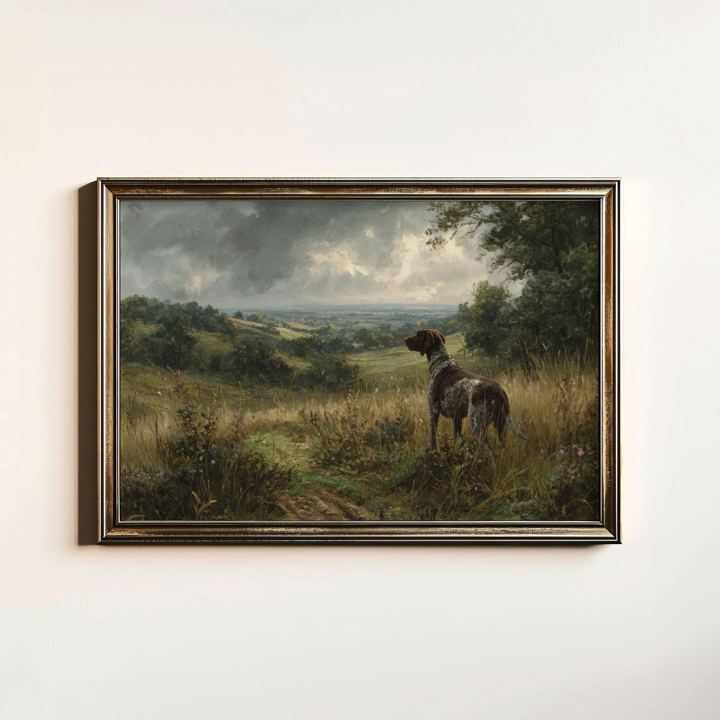 Stampa d'epoca di cane da caccia tedesco a pelo corto, dipinto rustico di cane da caccia, decorazione murale antica con cane da caccia, download digit