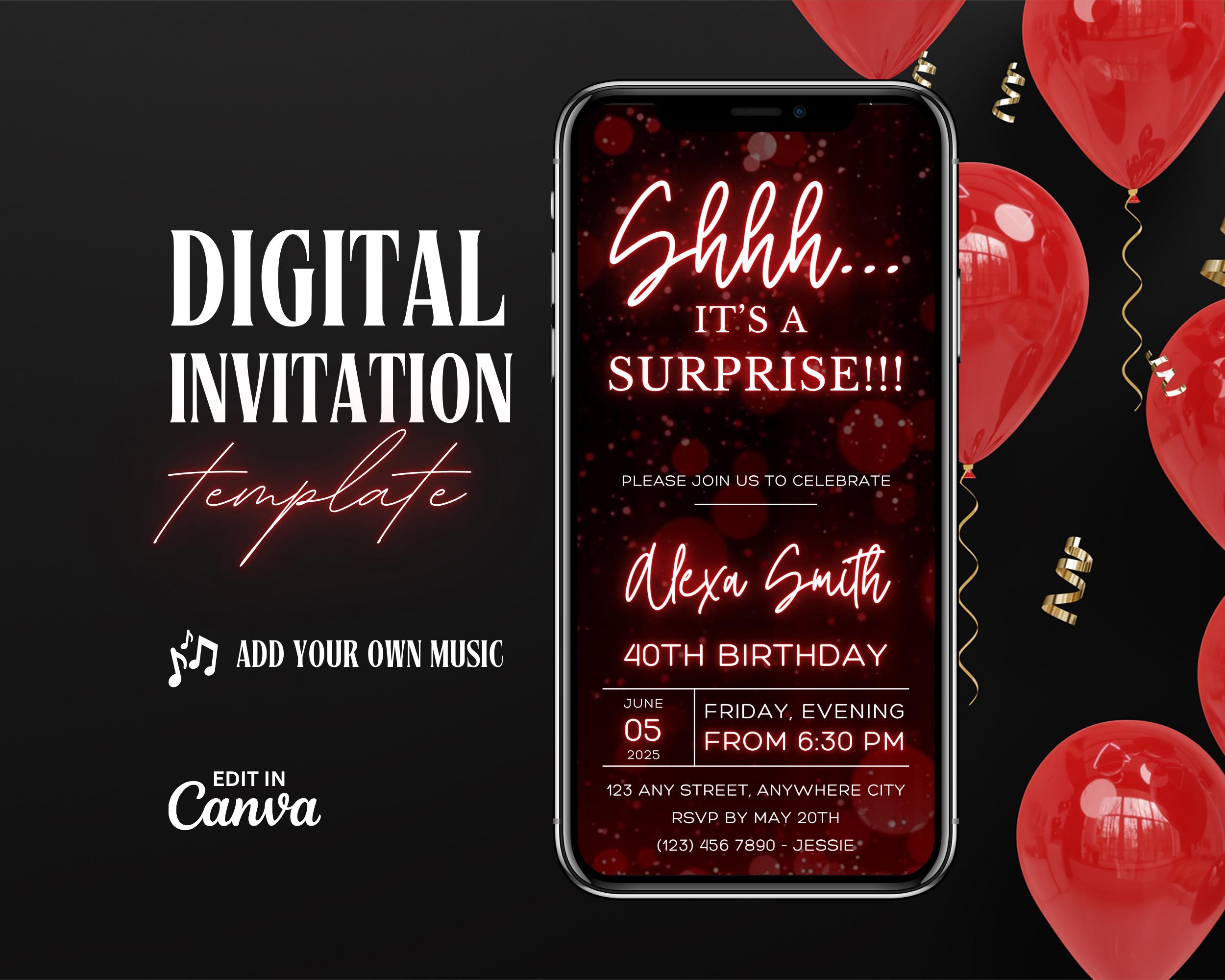 Invito video di compleanno a sorpresa, Shhh è un invito a sorpresa, invito glitter rosso, invito digitale a sorpresa, invito modello animato