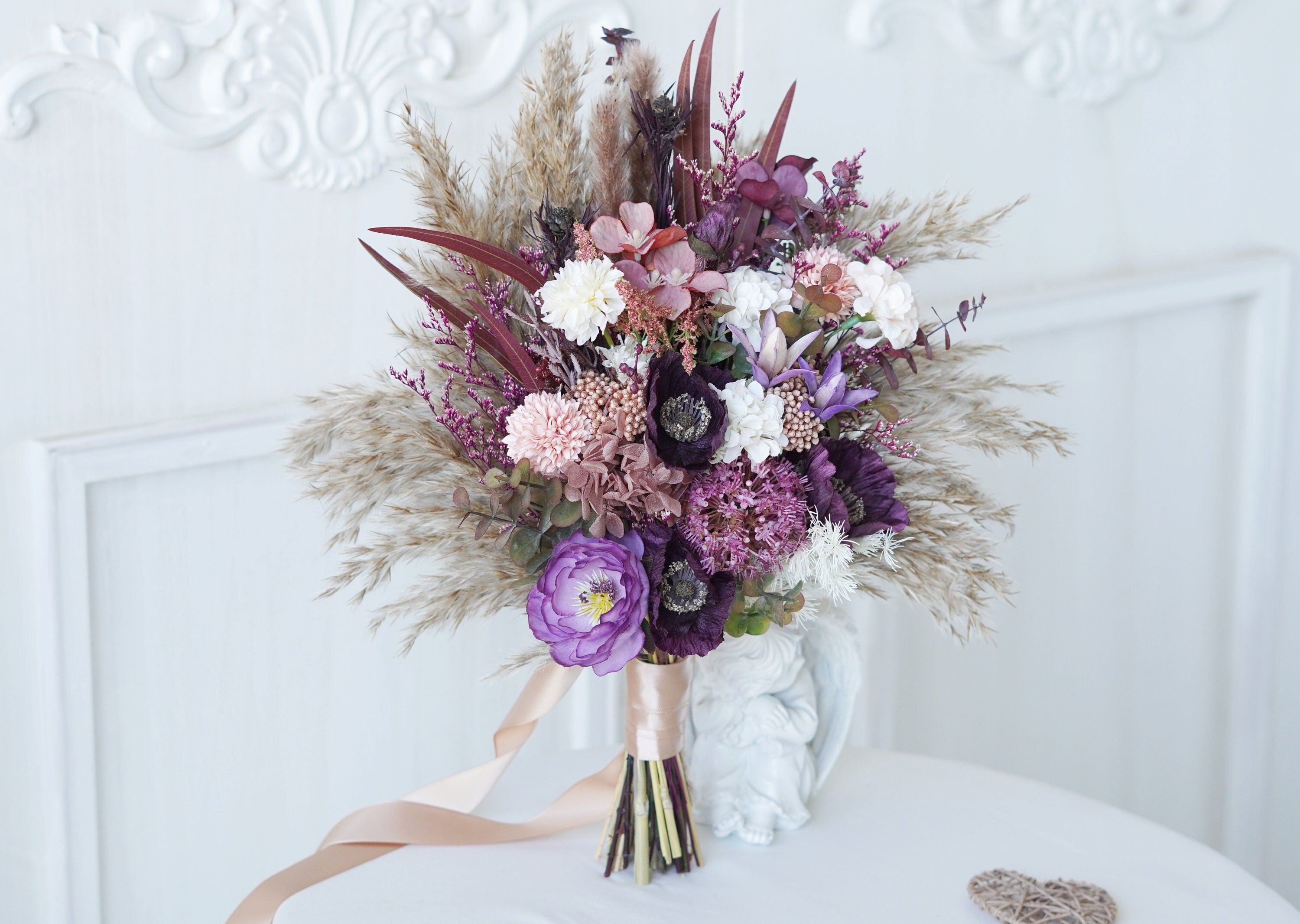 Bouquet da sposa viola, bouquet da sposa, bouquet da damigella d'onore, bouquet di fiori secchi, bouquet di fiori artificiali, bouquet di erba della p