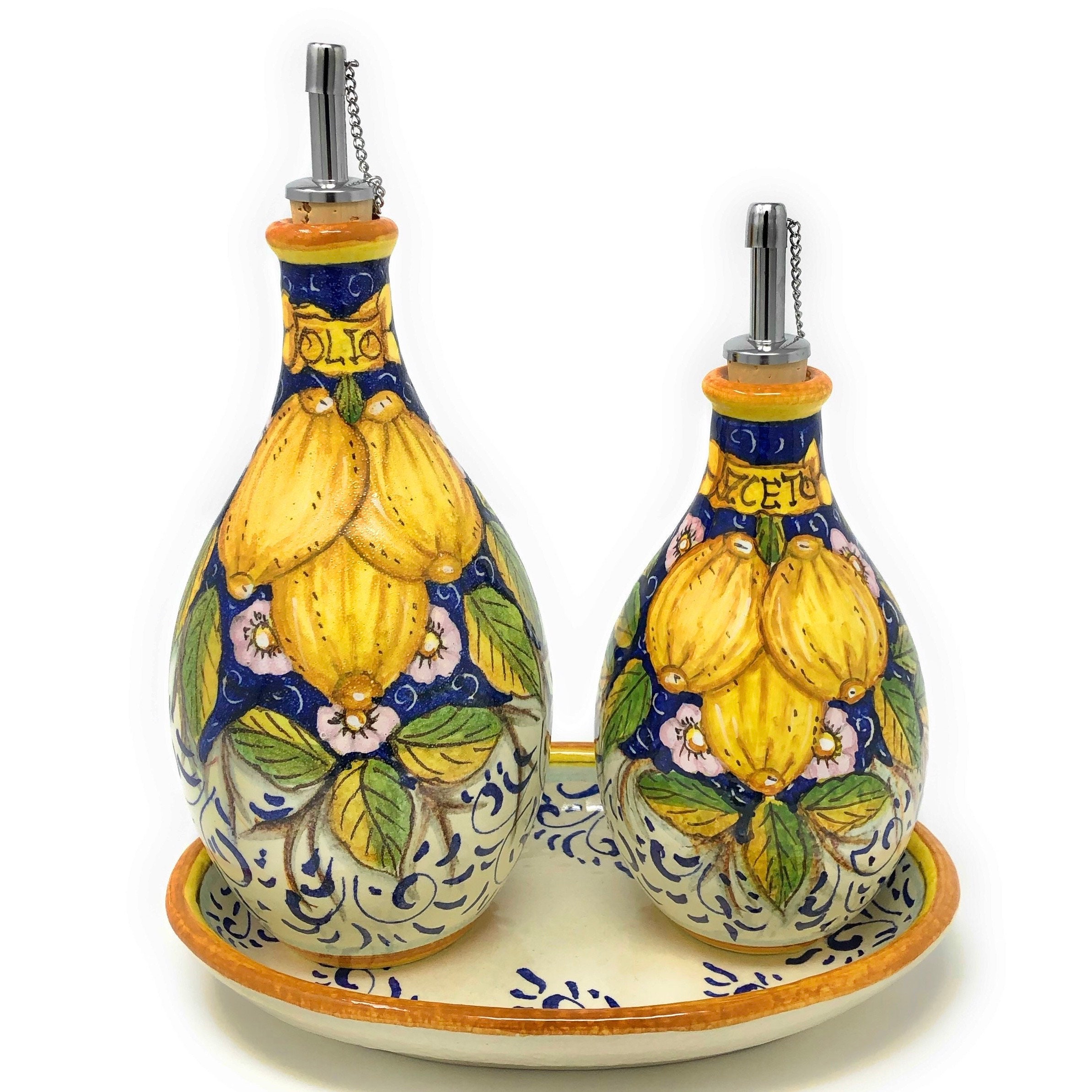 Set di ampolle in ceramica italiana per olio e aceto + piccolo vassoio decorato con limoni, ceramica artistica dipinta a mano, prodotto in ITALIA, Tos