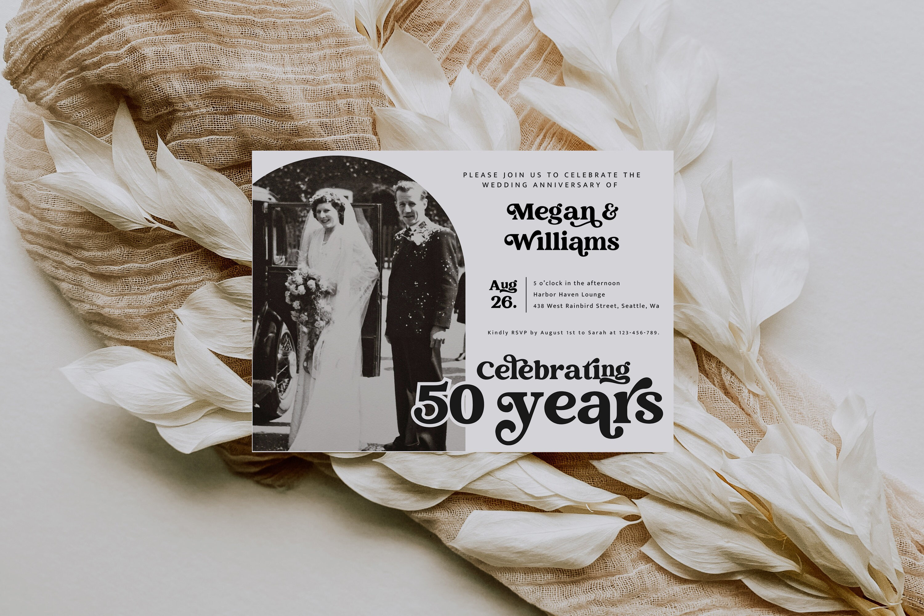 Modello di invito per il 50o anniversario, Invito per il rinnovo del voto moderno fai da te, Invito per l'anniversario di matrimonio con foto retrò mo
