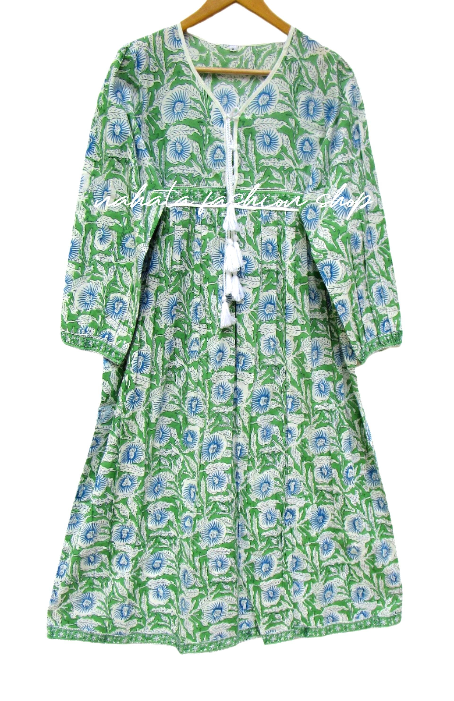 Abito lungo in cotone con stampa floreale verde-blu - scollo a V con nappa - abito indiano - abito lungo boho a maniche lunghe