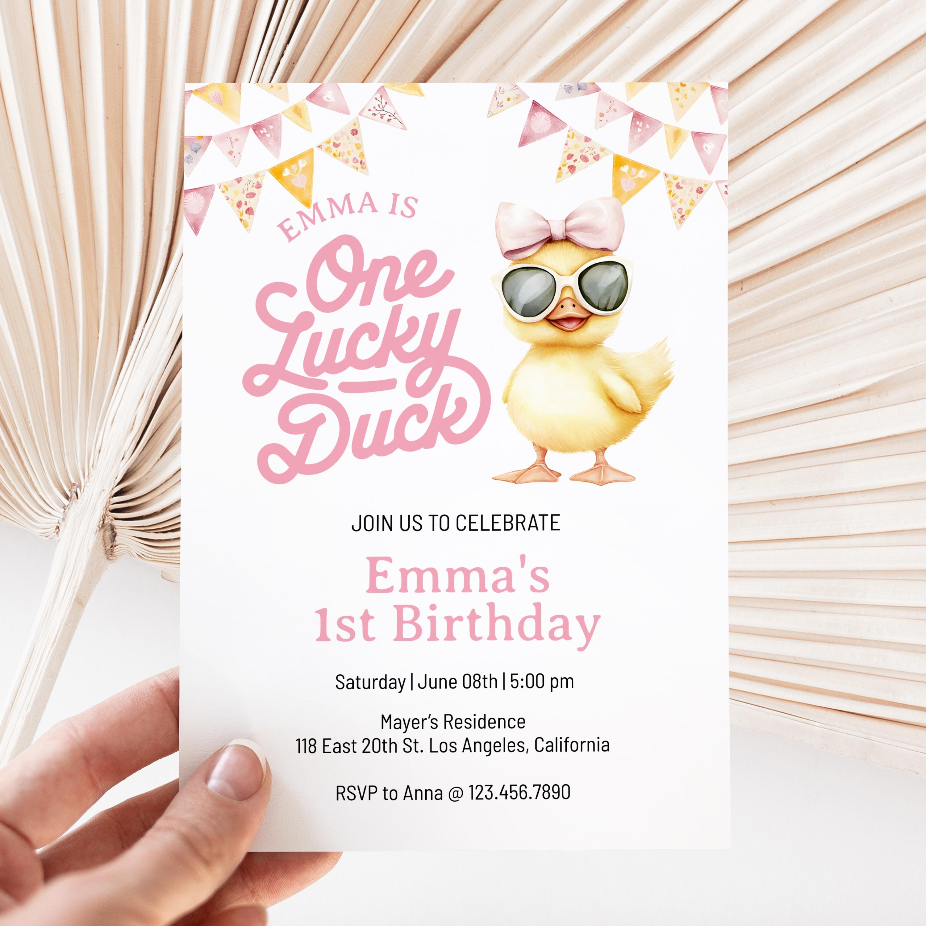 "Invito di compleanno modificabile \"One Lucky Duck\", invito per il primo compleanno di un simpatico papero giallo, invito \"One Silly Goose\", invito per"