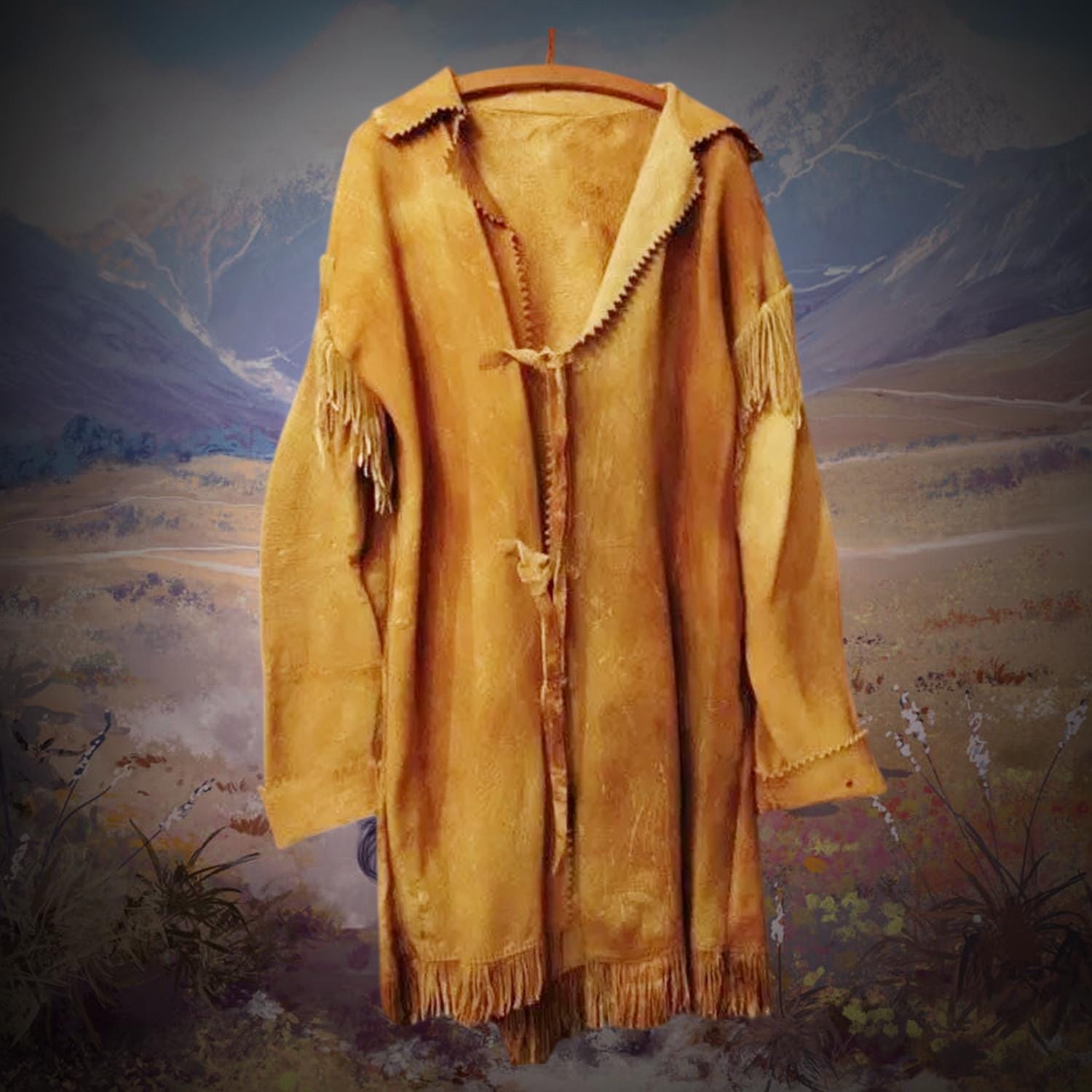 Cappotto con frange in pelle scamosciata da uomo di montagna in stile vintage, esclusivo abito del selvaggio West, cappotto con frange in pelle scamos