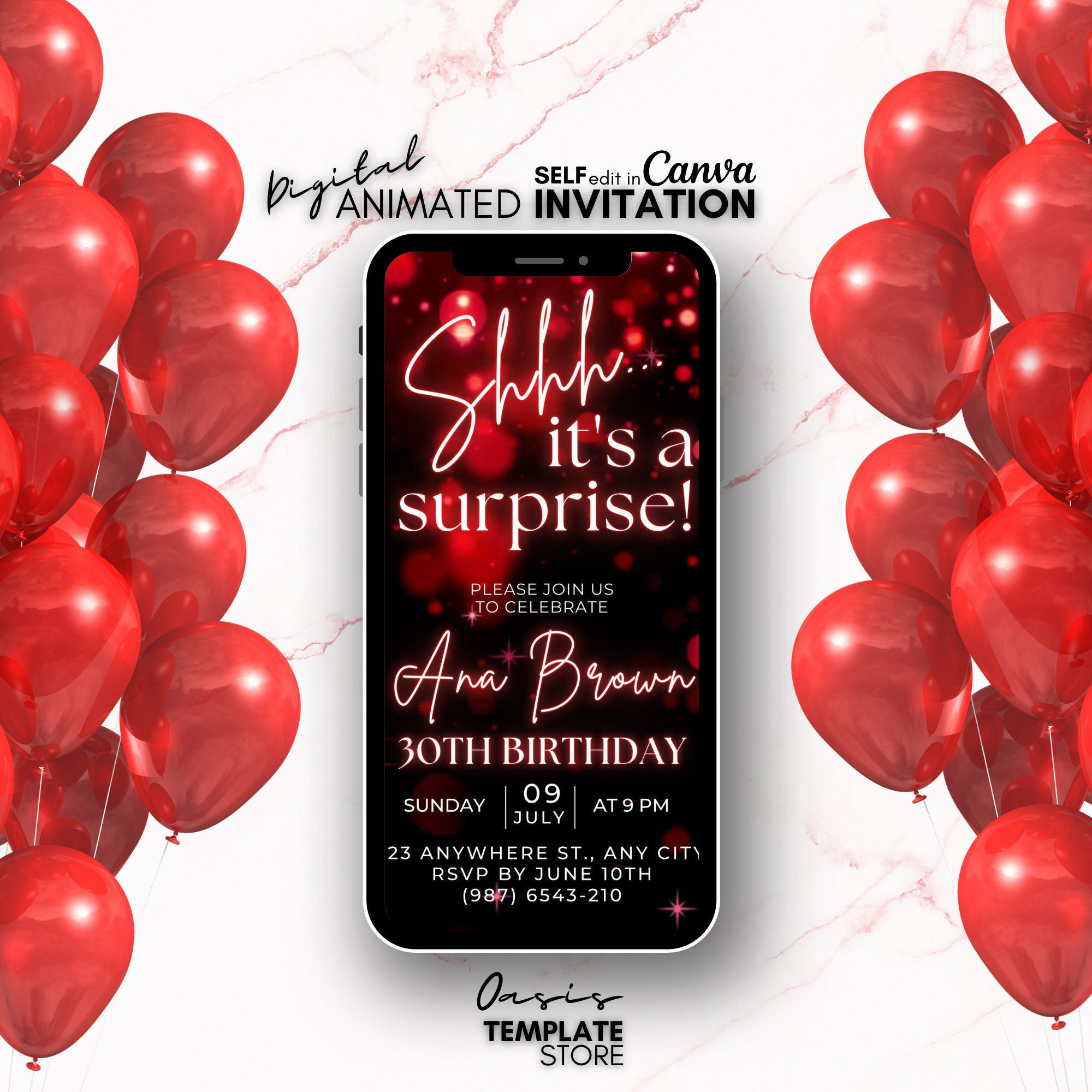 Invito video di compleanno a sorpresa, invito glitter rosso, invito digitale a sorpresa, invito con modello animato, Shhh è un invito a sorpresa