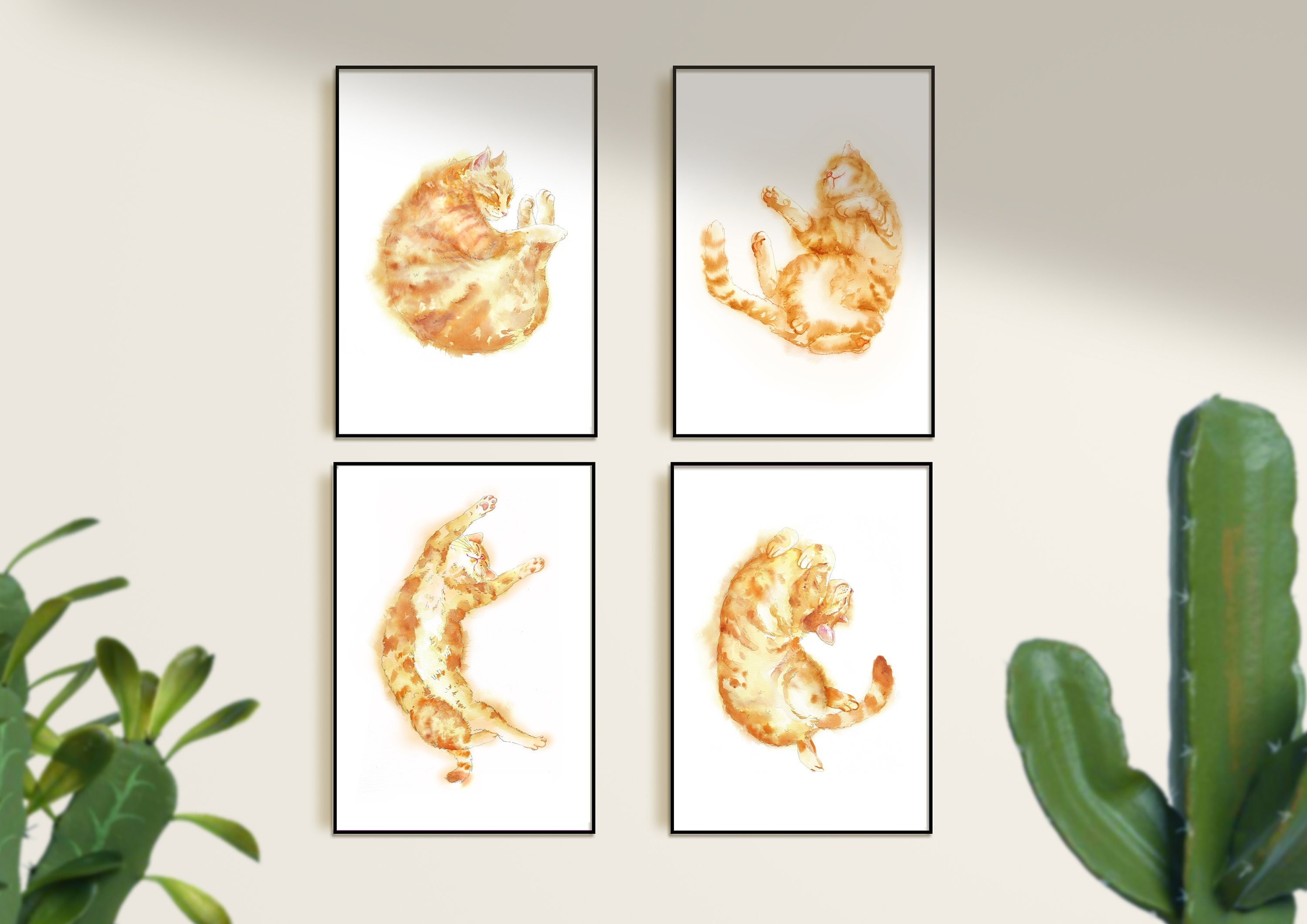Set di 4 gatti soriani. Stampa di gatto, gatto addormentato, decorazione per gatti, stampa di gatto soriano rosso, dipinto di gatto soriano rosso aran