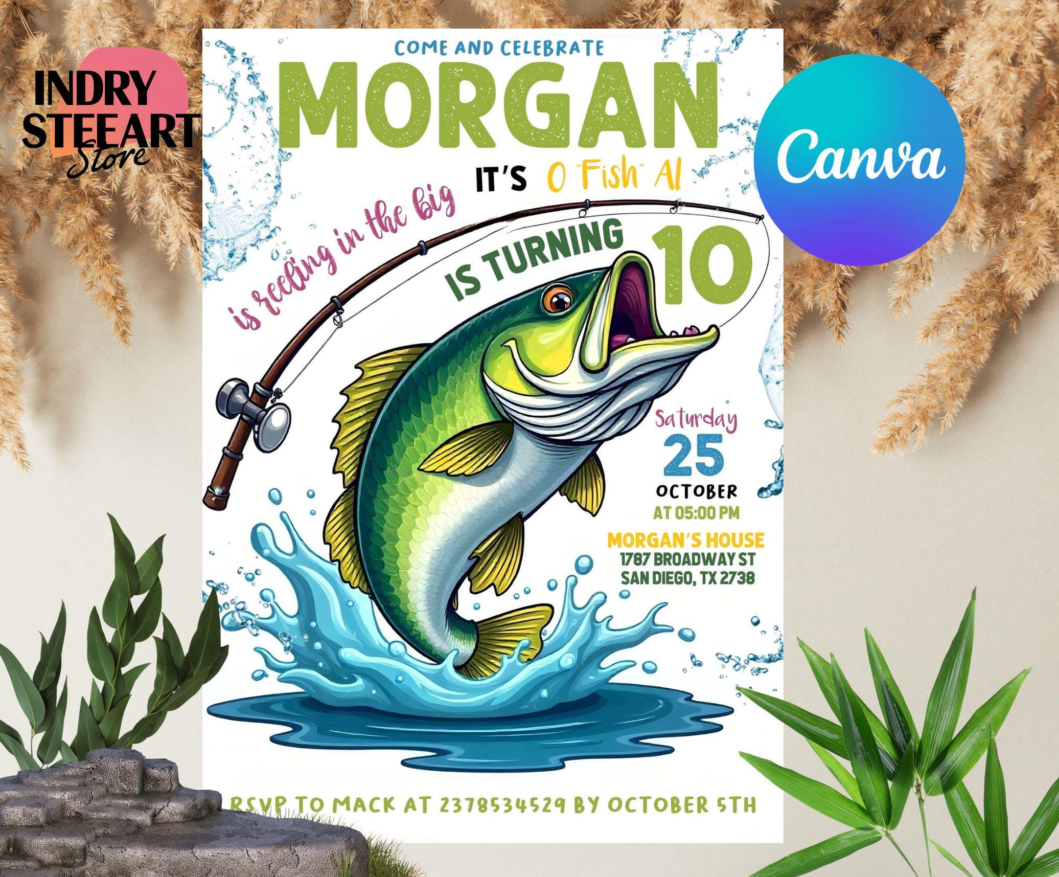 Modello di invito di compleanno a tema pesca modificabile, Invito di compleanno a tema pesca, Invito di pesca, Divertimento assicurato, Compleanno per