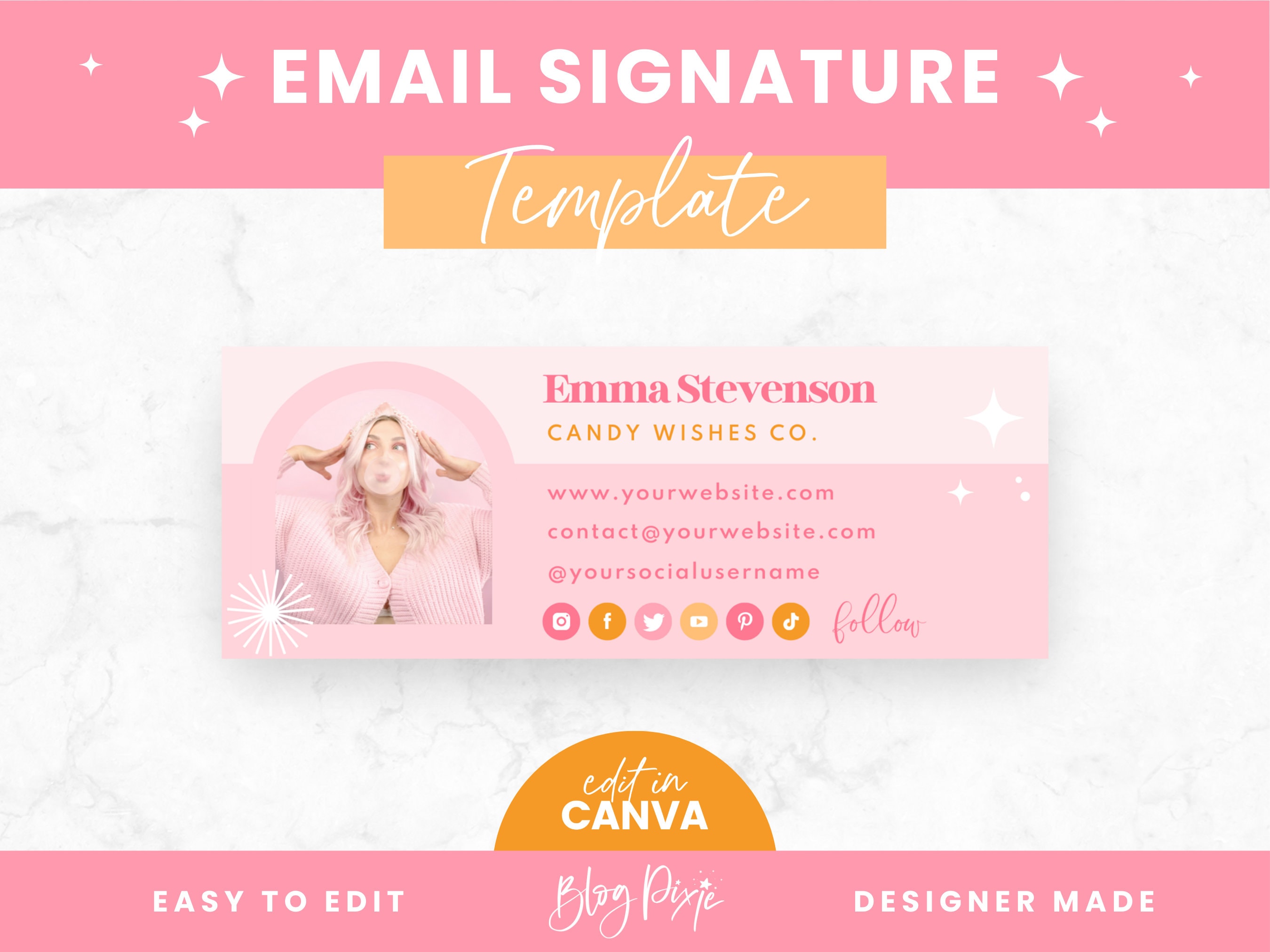 Modello di firma e-mail Canva - Design e-mail aziendale rosa brillante - Gmail - Outlook - Firma e-mail per piccole imprese - CW01 - Blog Pixie