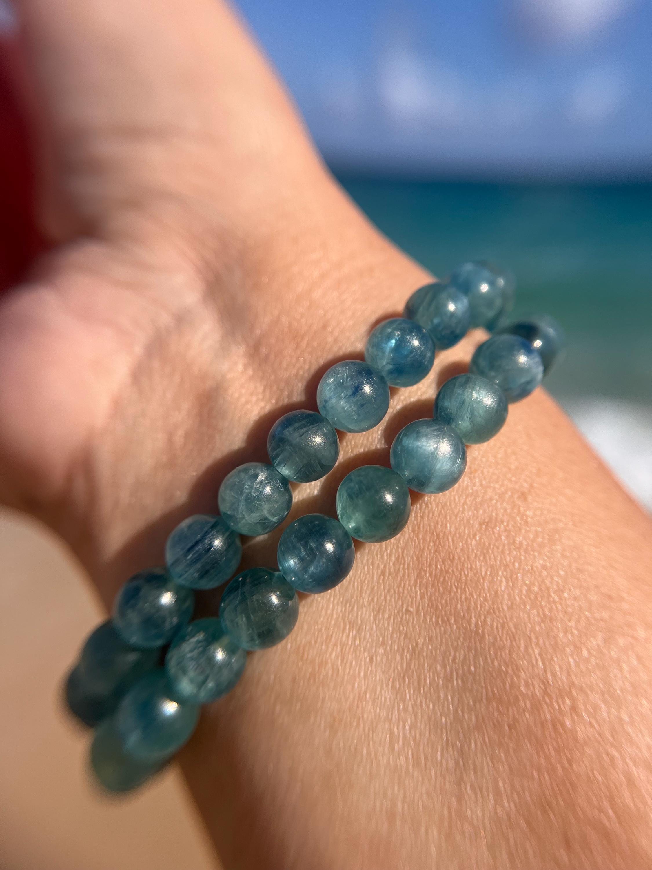 Bracciale in cianite verde-blu di altissima qualità, da collezione, con perline da 10 mm, 9,5 mm, 9 mm, 8,5 mm, 8 mm o 6 mm