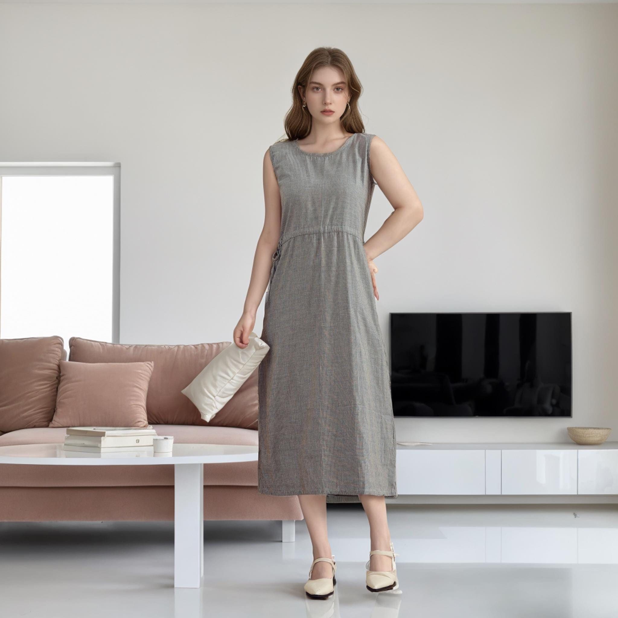 Abito estivo a righe, abito in mussola, abito in cotone naturale, abito estivo in garza organica, abiti midi con lacci senza maniche, morbido abito da