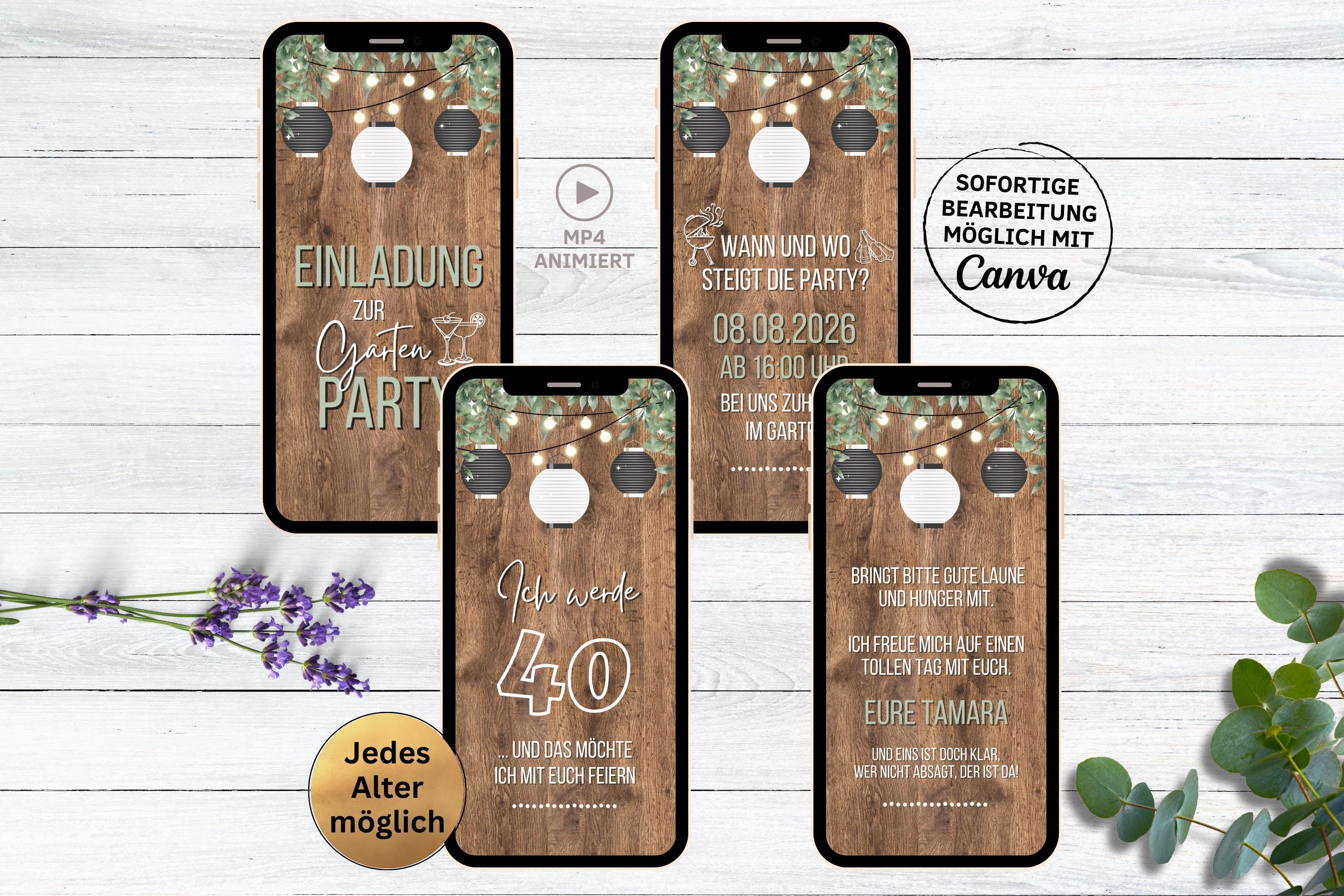 Lanterne in legno chiaro per invito di compleanno per festa in giardino digitale | WhatsApp eCard Invito per festa barbecue Legno rustico e grigliate